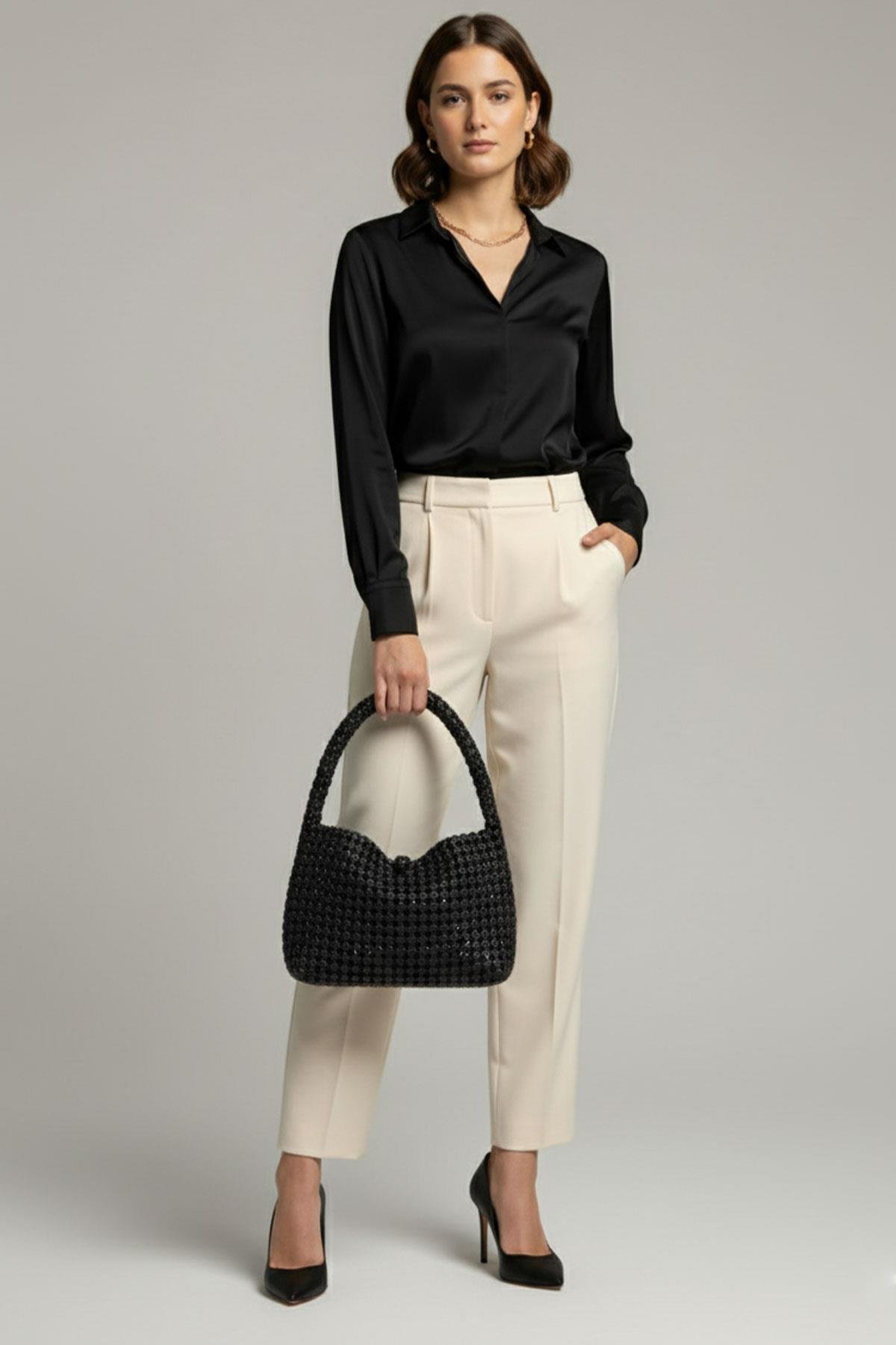 Kibele Siyah Örgü Deri El Çantası