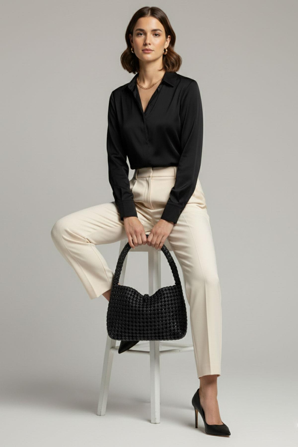 Kibele Siyah Örgü Deri El Çantası