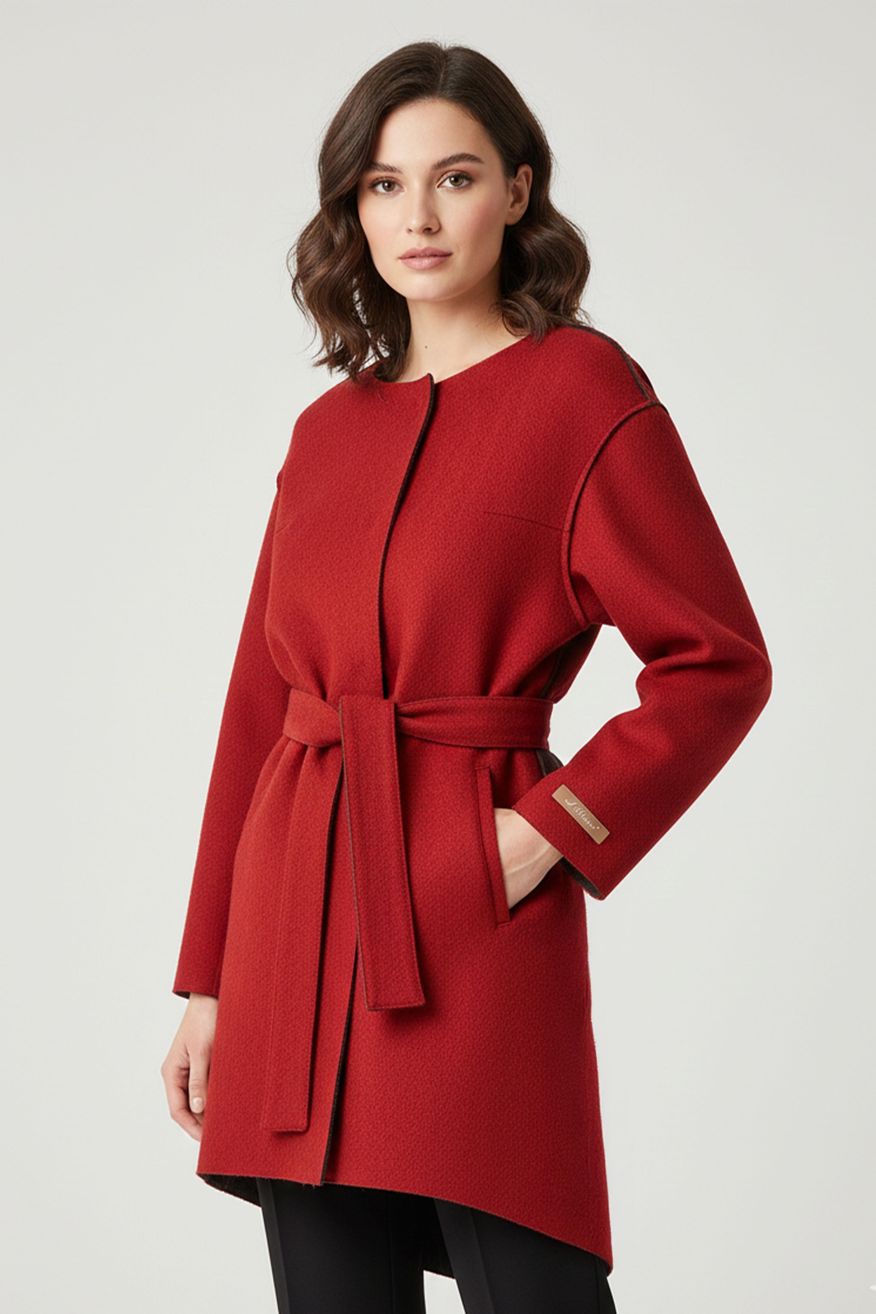 Kırmızı İçi Siyah Astarsız Sıfır yaka Kemerli Hafif ve Sıcak tutan Rosa Kadın Alpaka Tüyünden Kaban