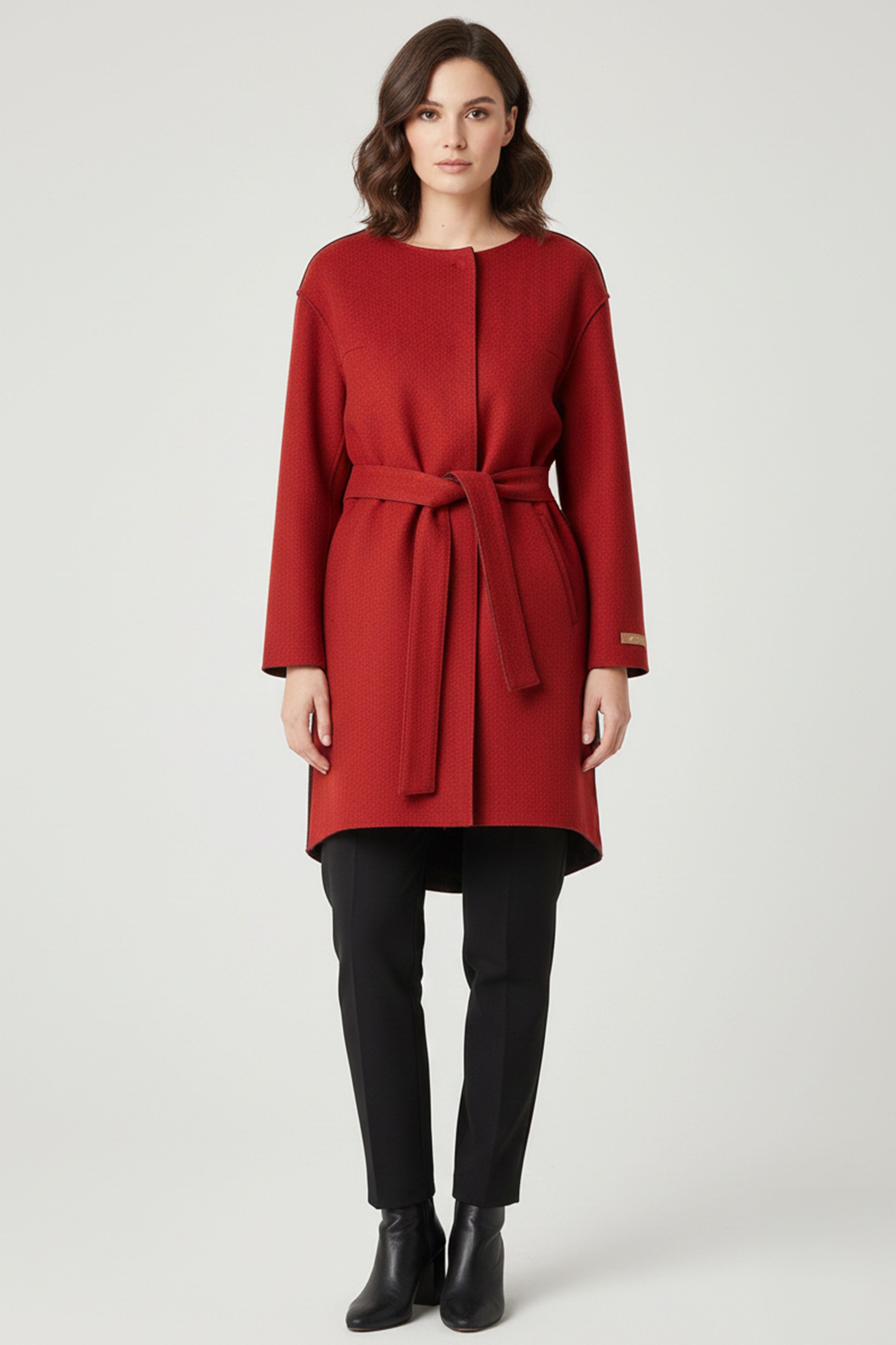 Kırmızı İçi Siyah Astarsız Sıfır yaka Kemerli Hafif ve Sıcak tutan Rosa Kadın Alpaka Tüyünden Kaban