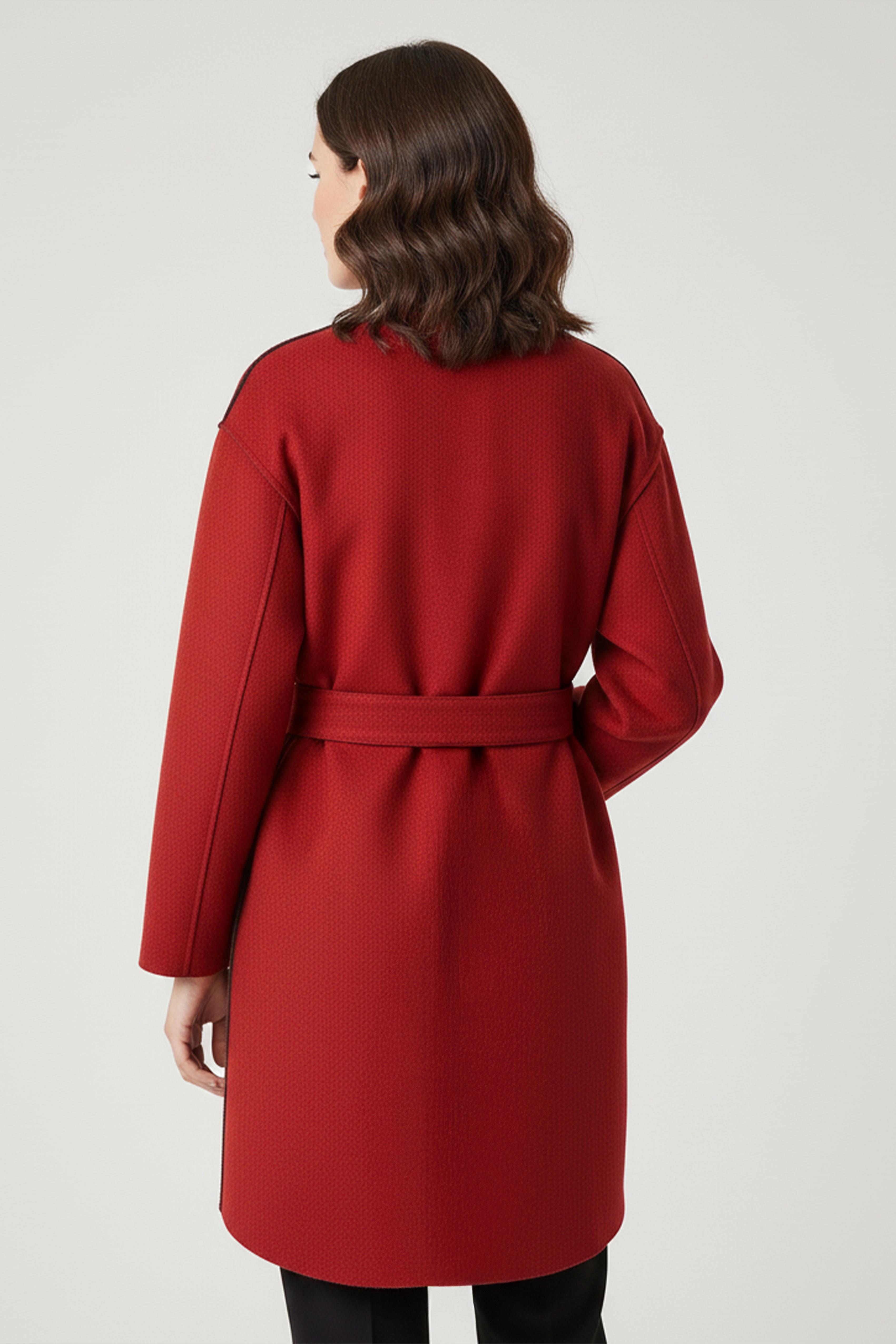 Kırmızı İçi Siyah Astarsız Sıfır yaka Kemerli Hafif ve Sıcak tutan Rosa Kadın Alpaka Tüyünden Kaban