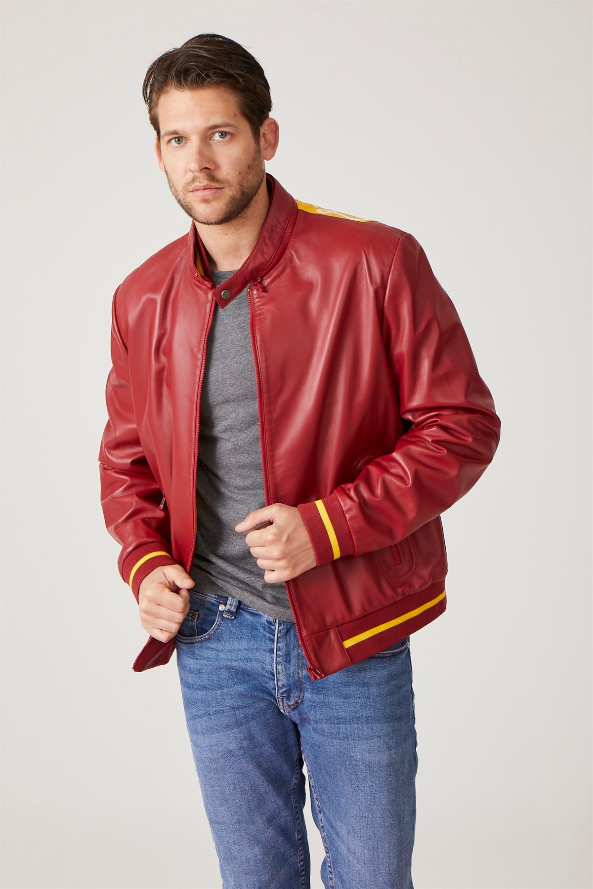 Kırmızı İstanbul Baskılı Erkek Deri Ceket