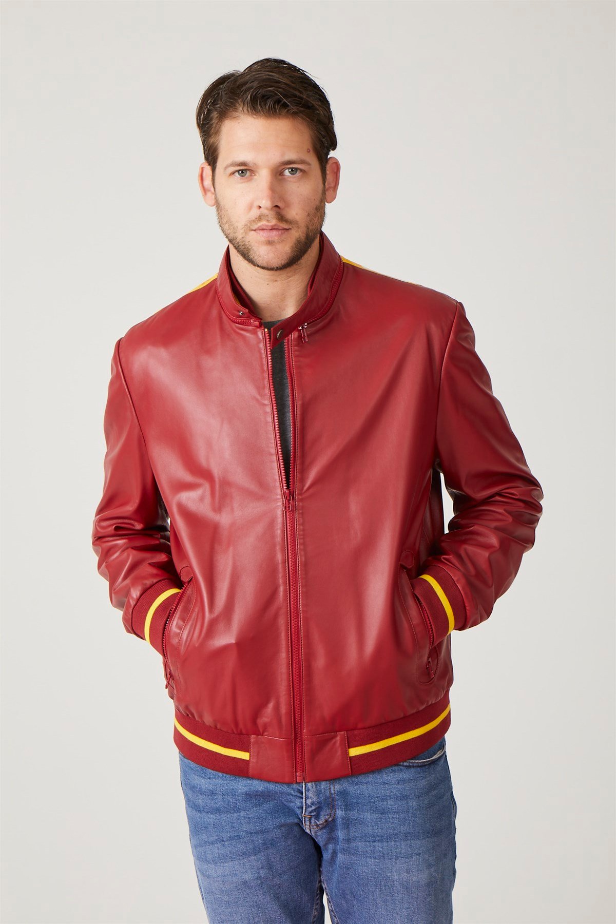 Kırmızı İstanbul Baskılı Erkek Deri Ceket