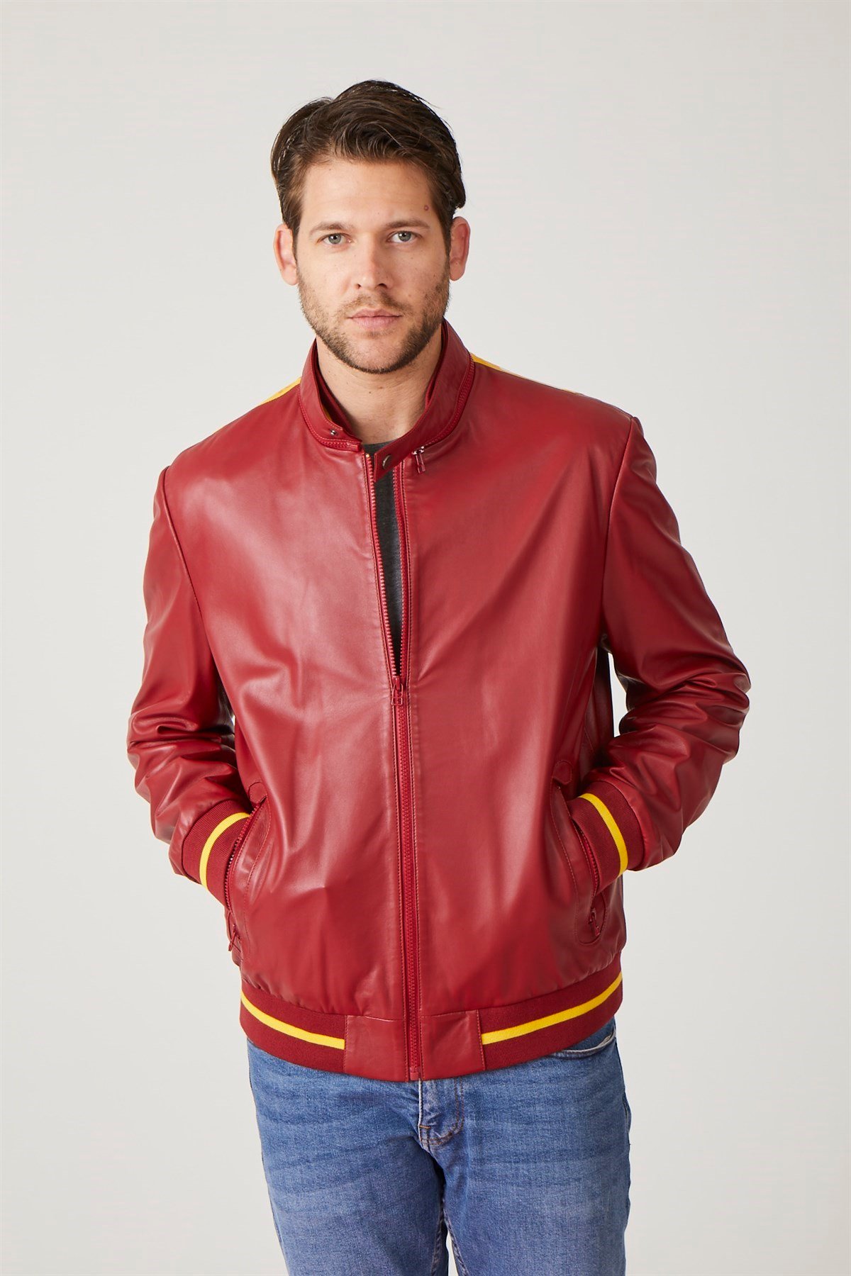 Kırmızı İstanbul Baskılı Erkek Deri Ceket