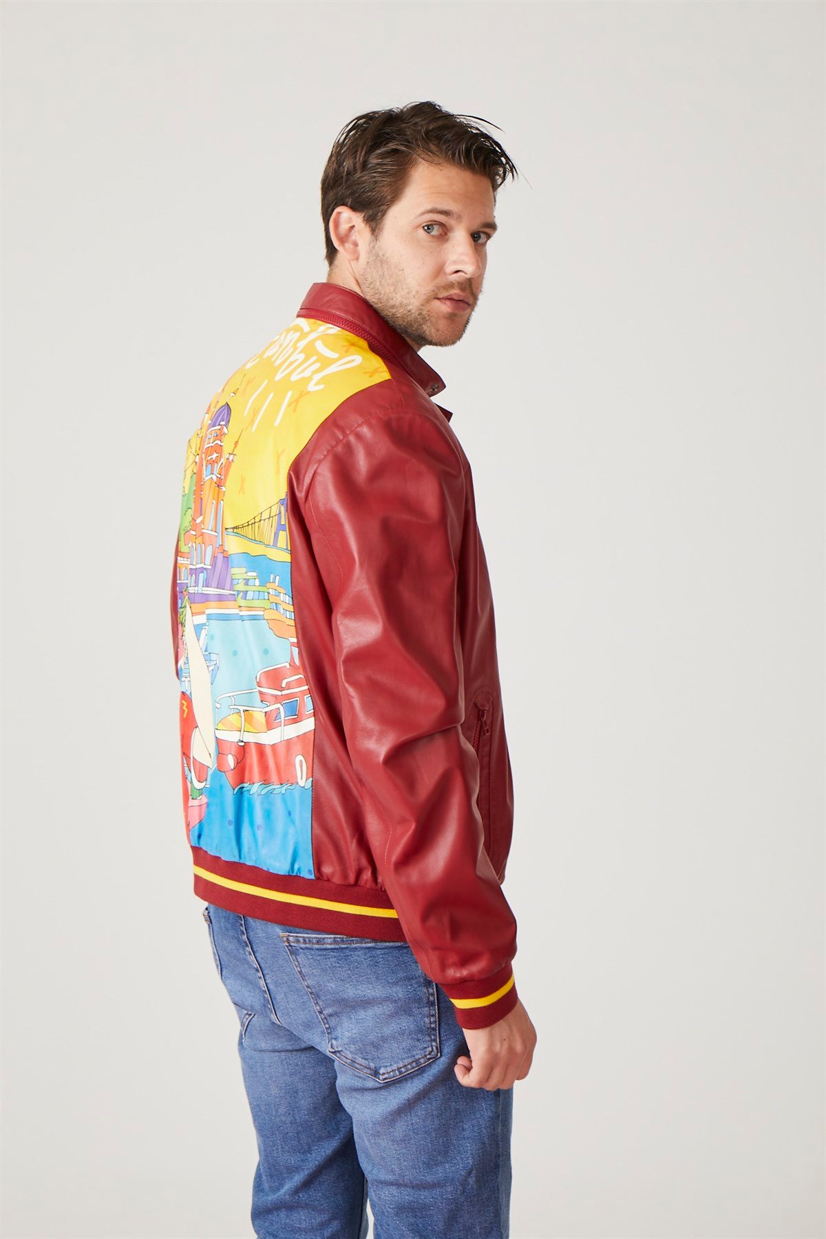 Kırmızı İstanbul Baskılı Erkek Deri Ceket