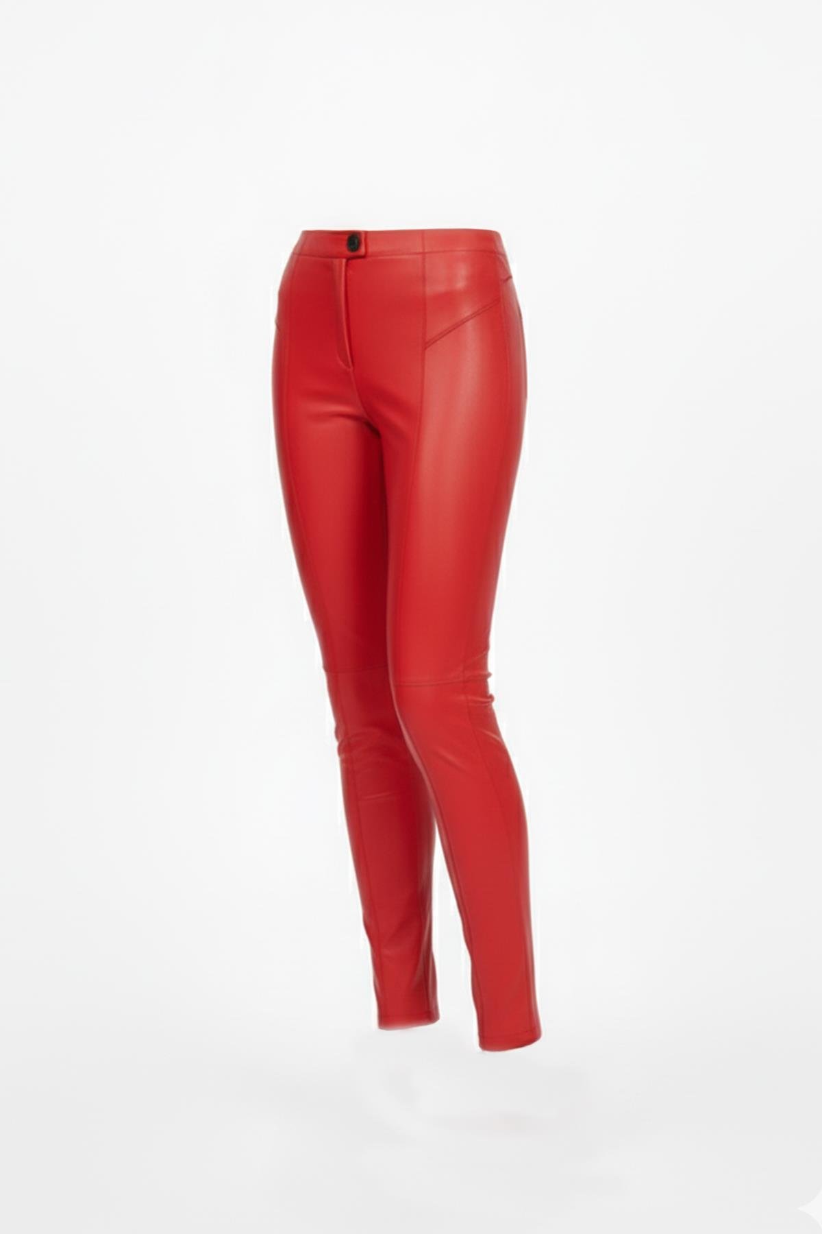 Kırmızı Kadın Tayt Astarsız Önden Fermuarlı Düğmeli Cepsiz Dar Paça Hakiki Streç Deri Pantolon