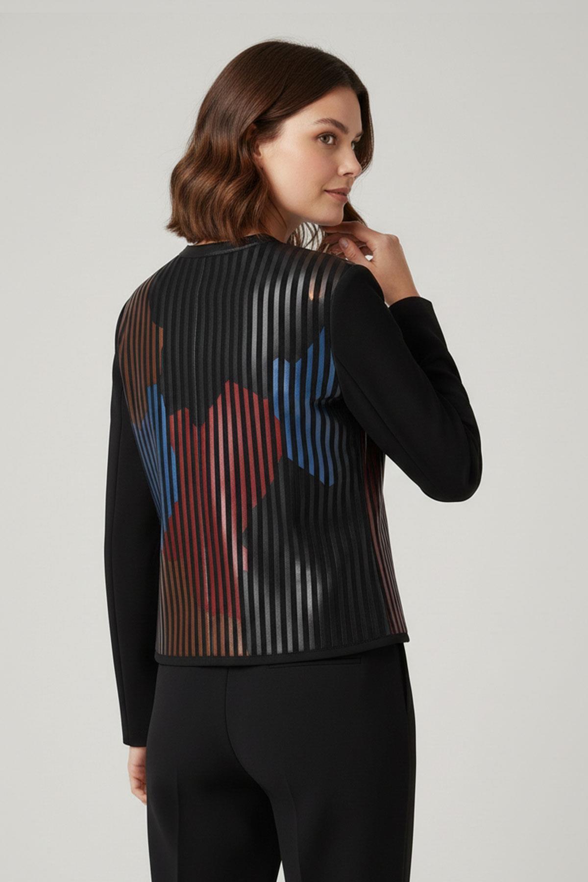 Kırmızı Kahve Mavi Lona Tül Üzerine Çizgili Deri Baskılı Kadın Hakiki Deri Ceket