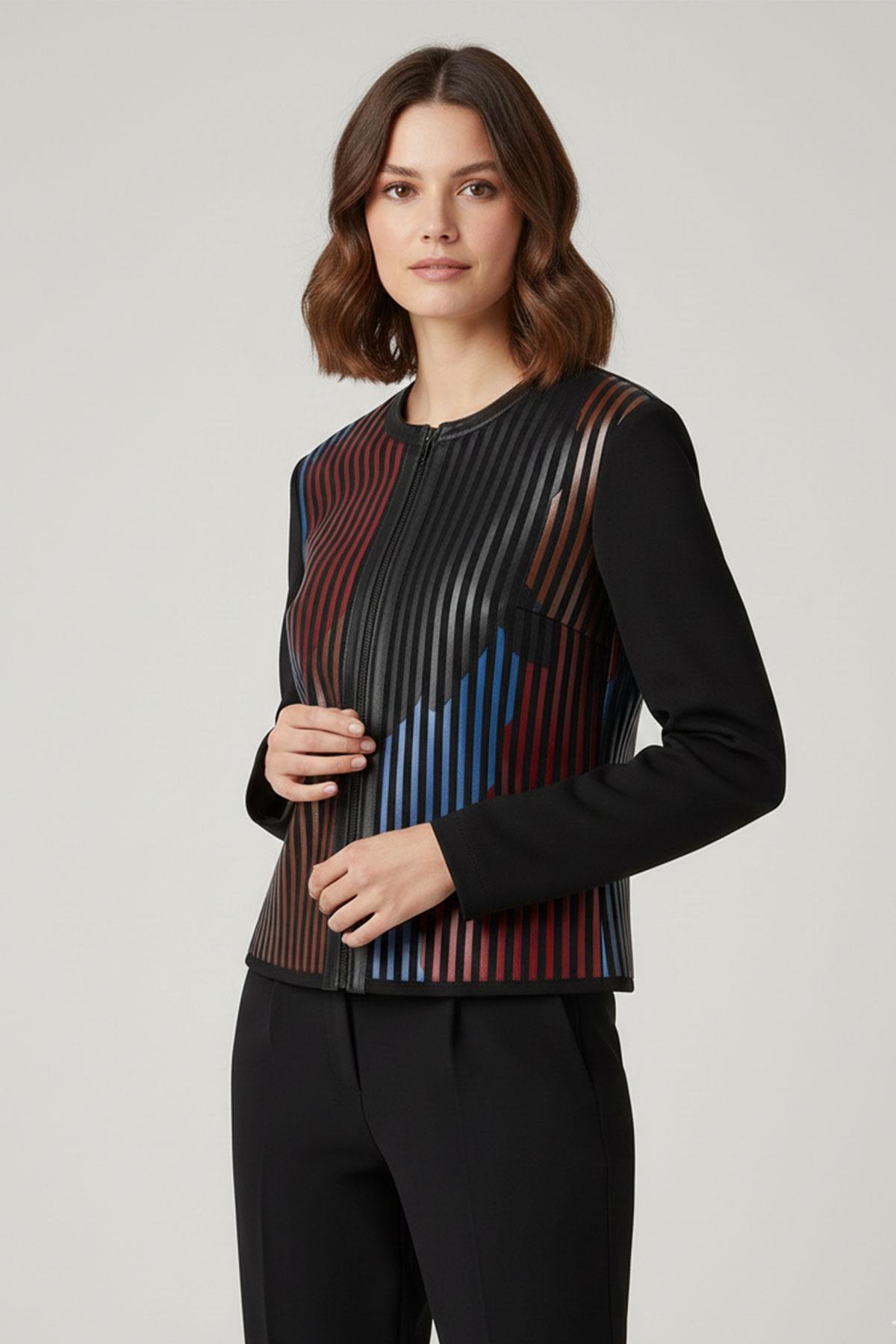 Kırmızı Kahve Mavi Lona Tül Üzerine Çizgili Deri Baskılı Kadın Hakiki Deri Ceket