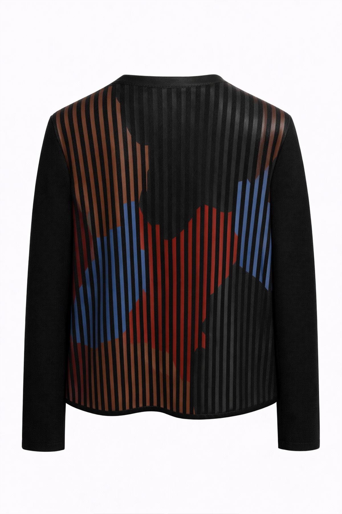 Kırmızı Kahve Mavi Lona Tül Üzerine Çizgili Deri Baskılı Kadın Hakiki Deri Ceket