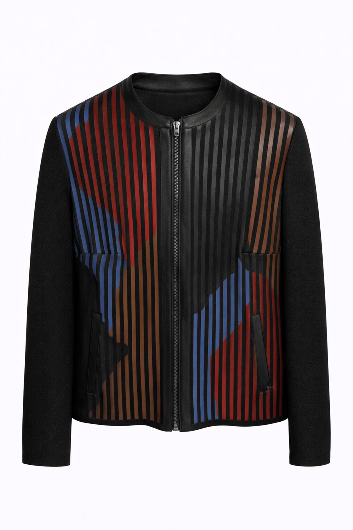 Kırmızı Kahve Mavi Lona Tül Üzerine Çizgili Deri Baskılı Kadın Hakiki Deri Ceket