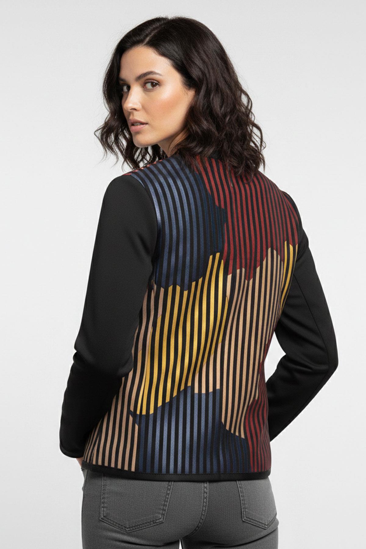 Kırmızı Sarı Mavi Lona Tül Üzerine Çizgili Deri Baskılı Kadın Hakiki Deri Ceket