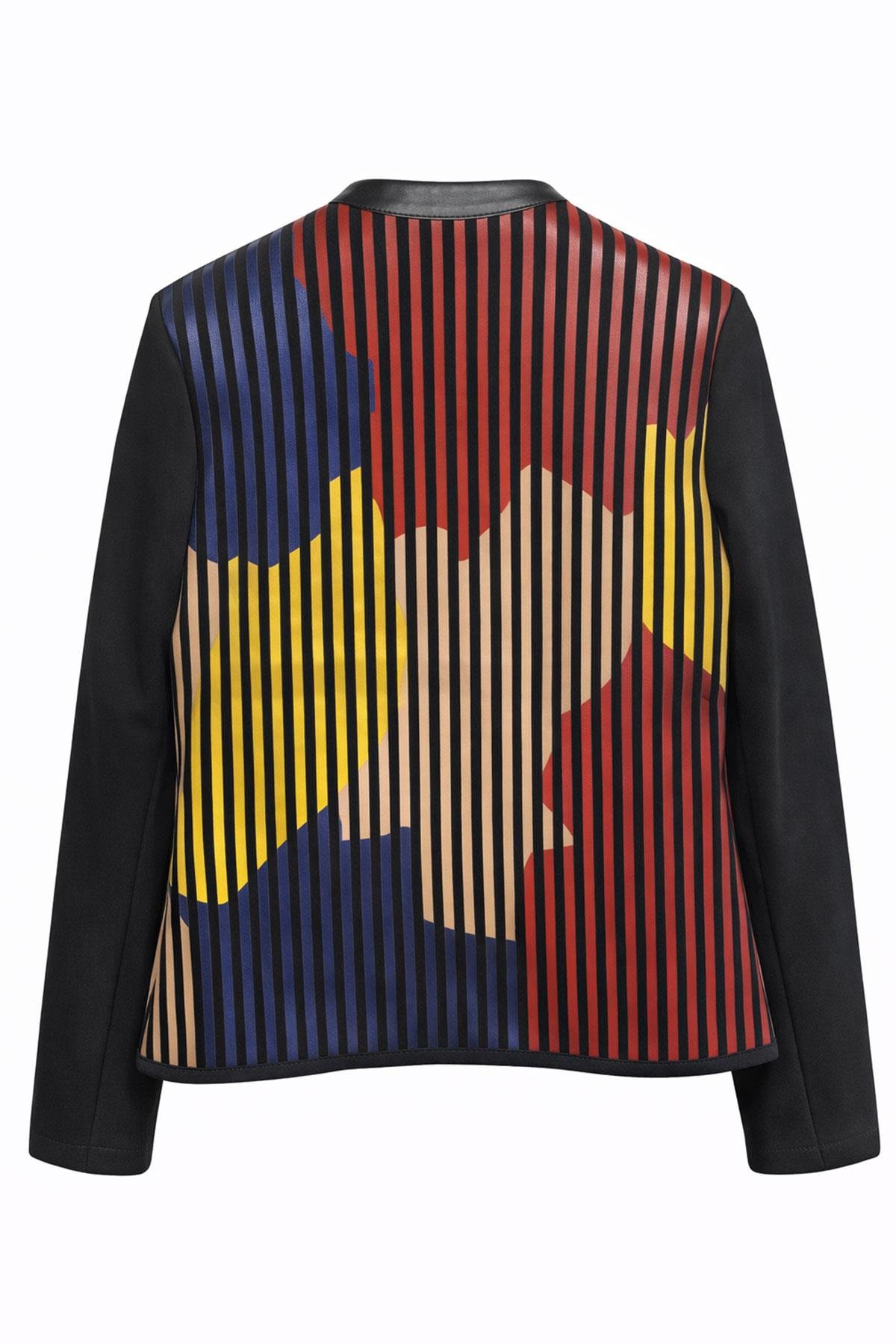 Kırmızı Sarı Mavi Lona Tül Üzerine Çizgili Deri Baskılı Kadın Hakiki Deri Ceket