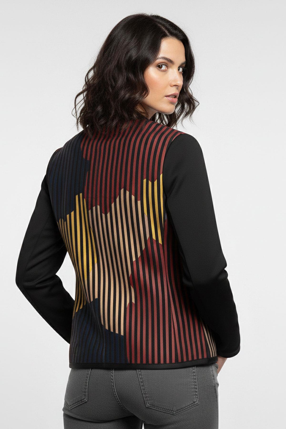 Kırmızı Sarı Mavi Lona Tül Üzerine Çizgili Deri Baskılı Kadın Hakiki Deri Ceket