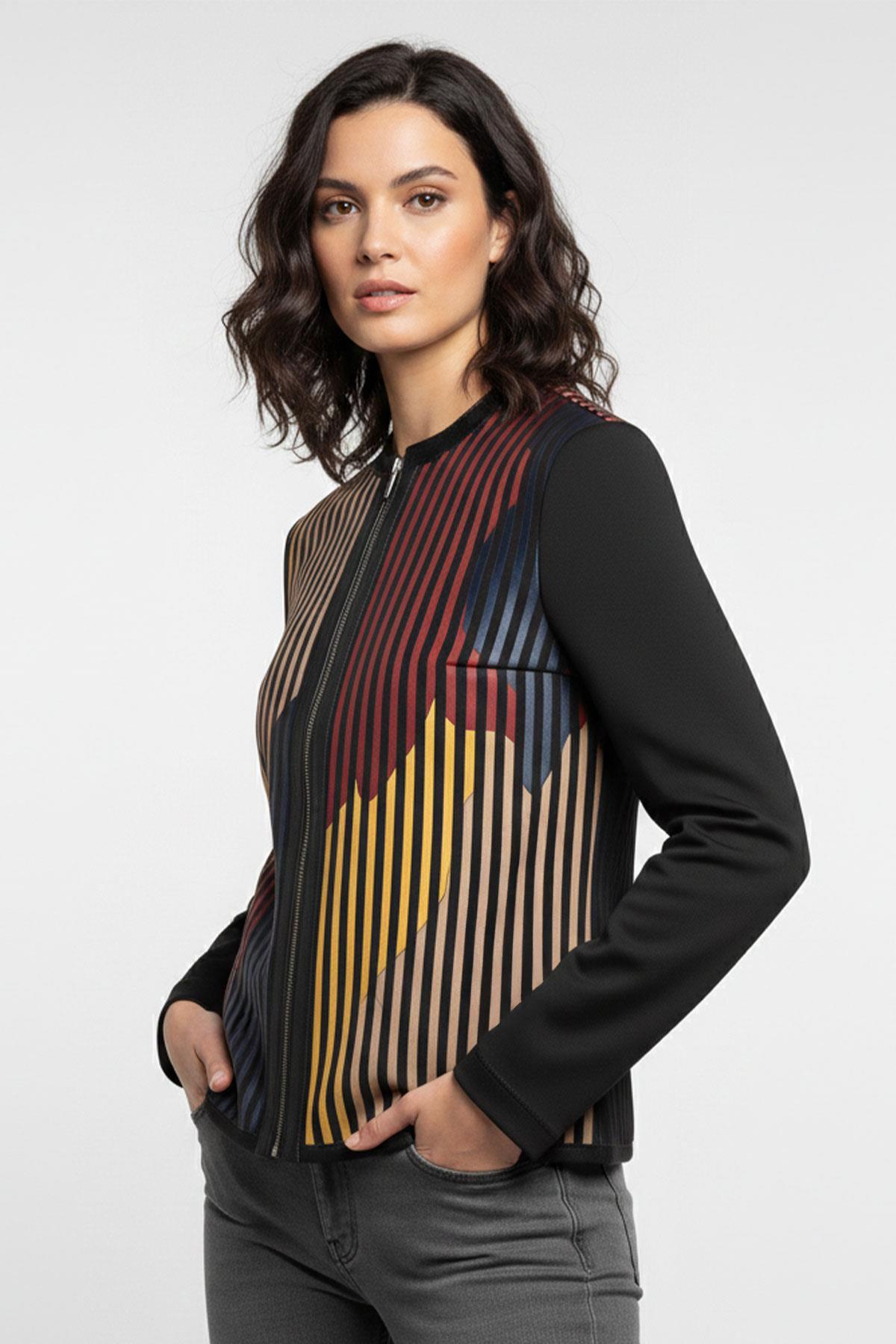 Kırmızı Sarı Mavi Lona Tül Üzerine Çizgili Deri Baskılı Kadın Hakiki Deri Ceket