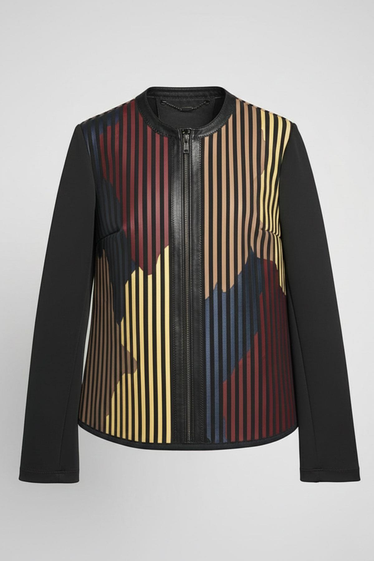 Kırmızı Sarı Taba Lona Tül Üzerine Çizgili Deri Baskılı Kadın Hakiki Deri Ceket