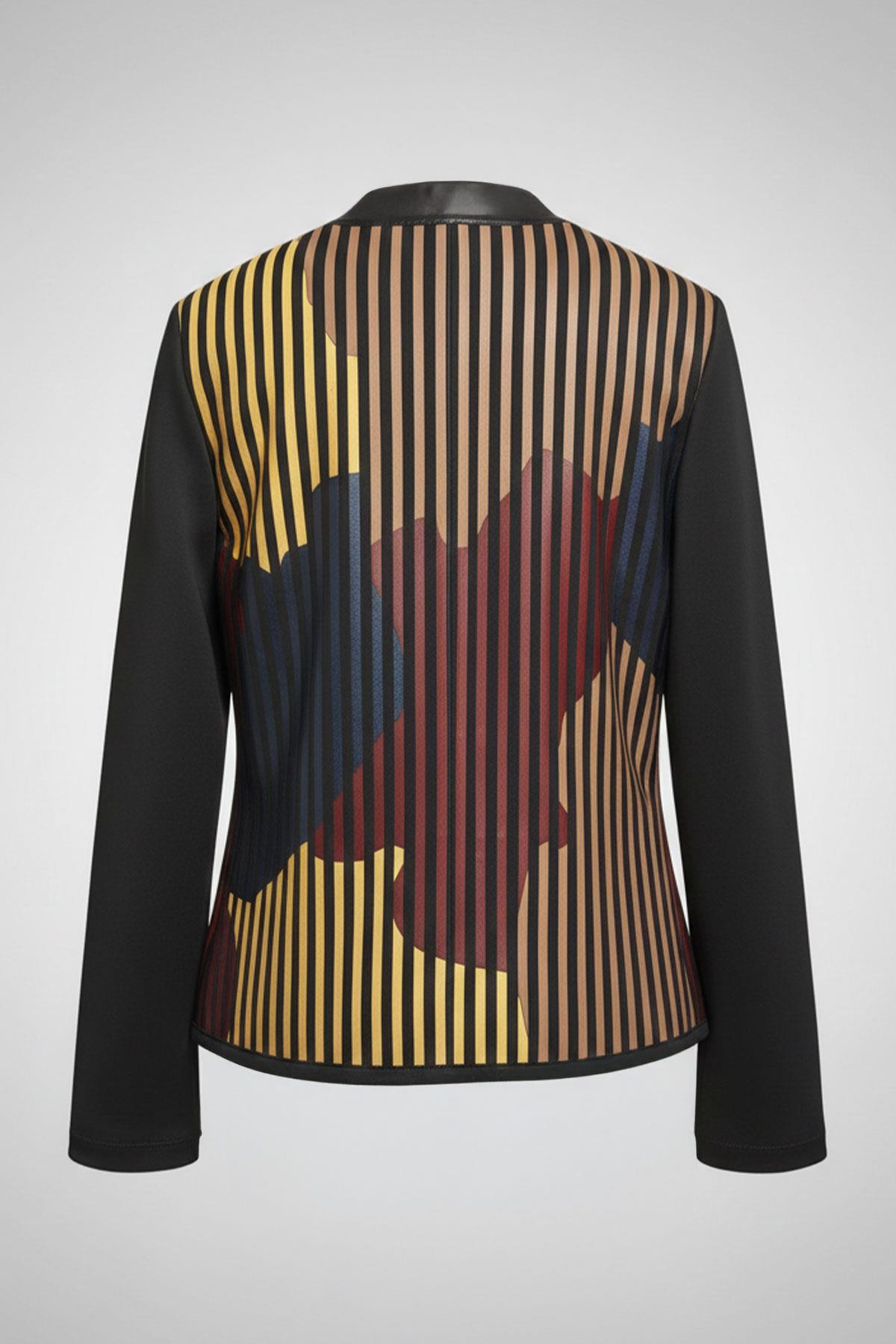 Kırmızı Sarı Taba Lona Tül Üzerine Çizgili Deri Baskılı Kadın Hakiki Deri Ceket