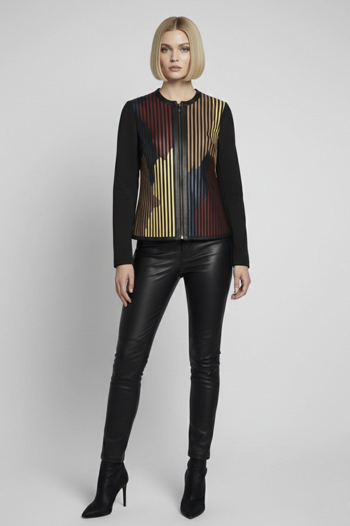 Kırmızı Sarı Taba Lona Tül Üzerine Çizgili Deri Baskılı Kadın Hakiki Deri Ceket