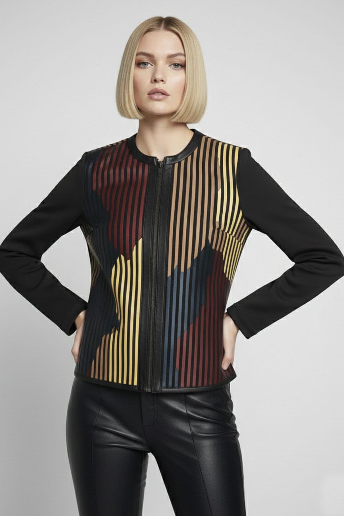 Kırmızı Sarı Taba Lona Tül Üzerine Çizgili Deri Baskılı Kadın Hakiki Deri Ceket