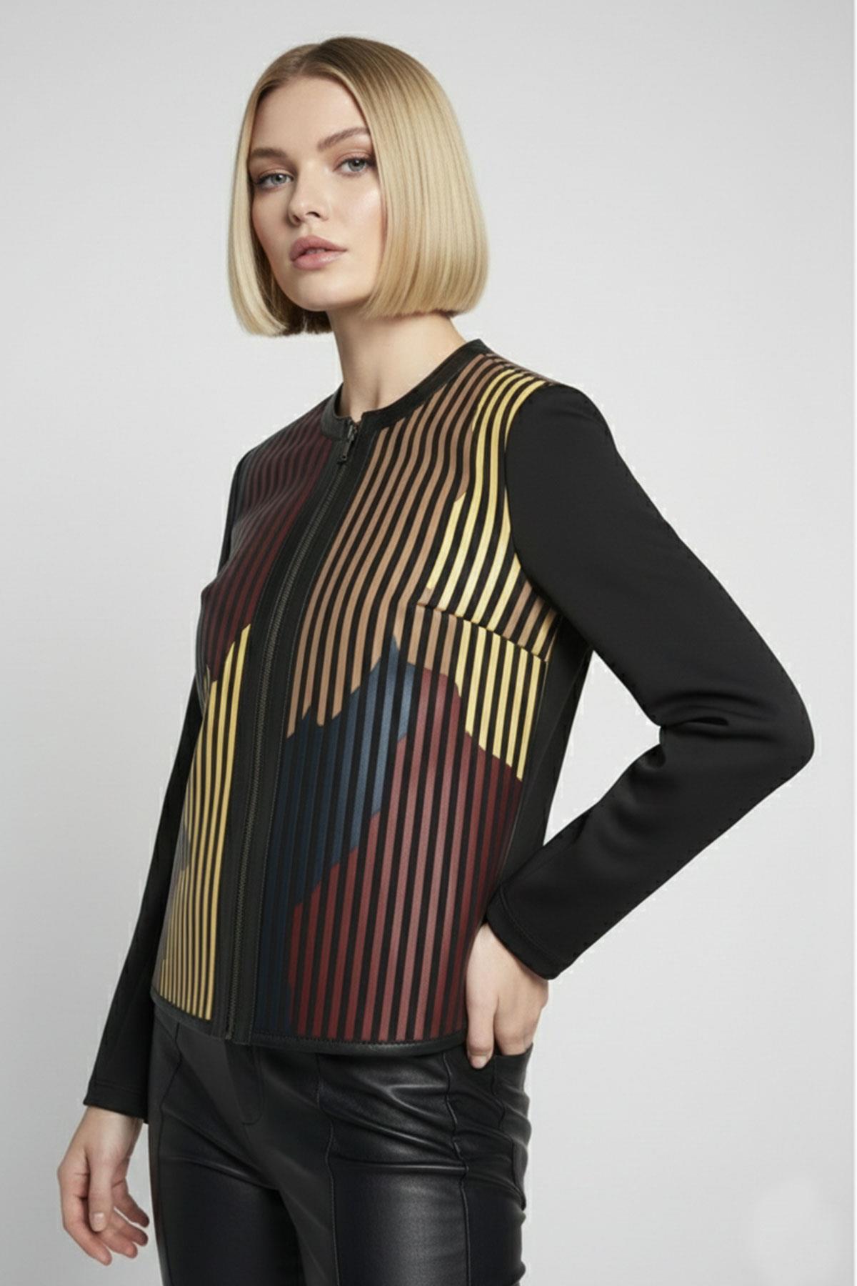 Kırmızı Sarı Taba Lona Tül Üzerine Çizgili Deri Baskılı Kadın Hakiki Deri Ceket