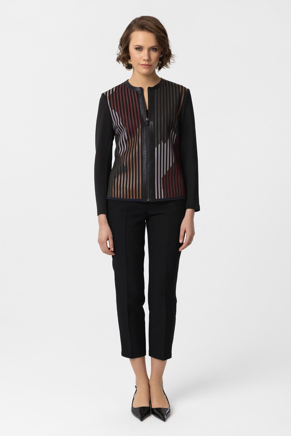 Kırmızı Siyah Lona Tül Üzerine Deri Baskılı Kadın Hakiki Deri Ceket