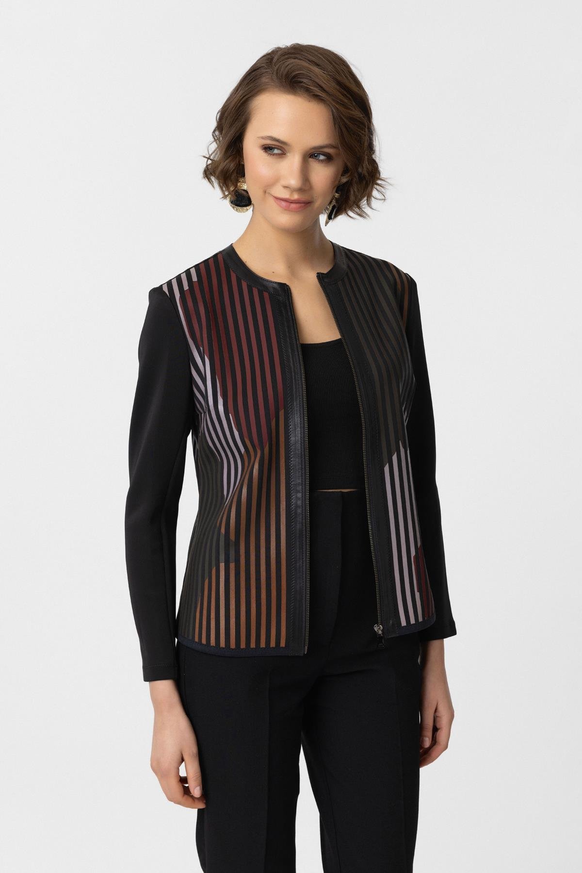 Kırmızı Siyah Lona Tül Üzerine Deri Baskılı Kadın Hakiki Deri Ceket