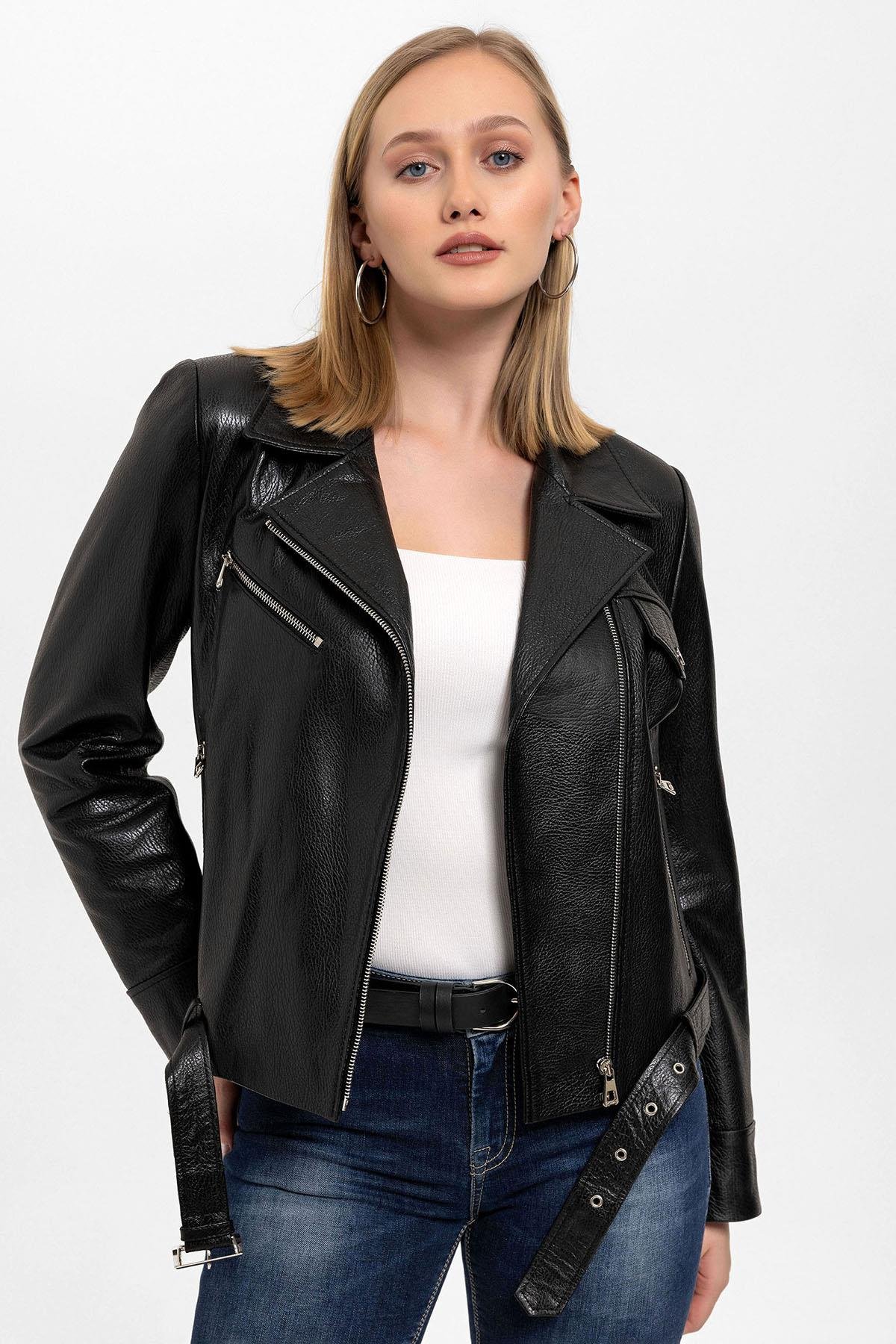 Kity Siyah Biker Motorcu Yandan Fermuarlı Kadın Hakiki Deri Mont