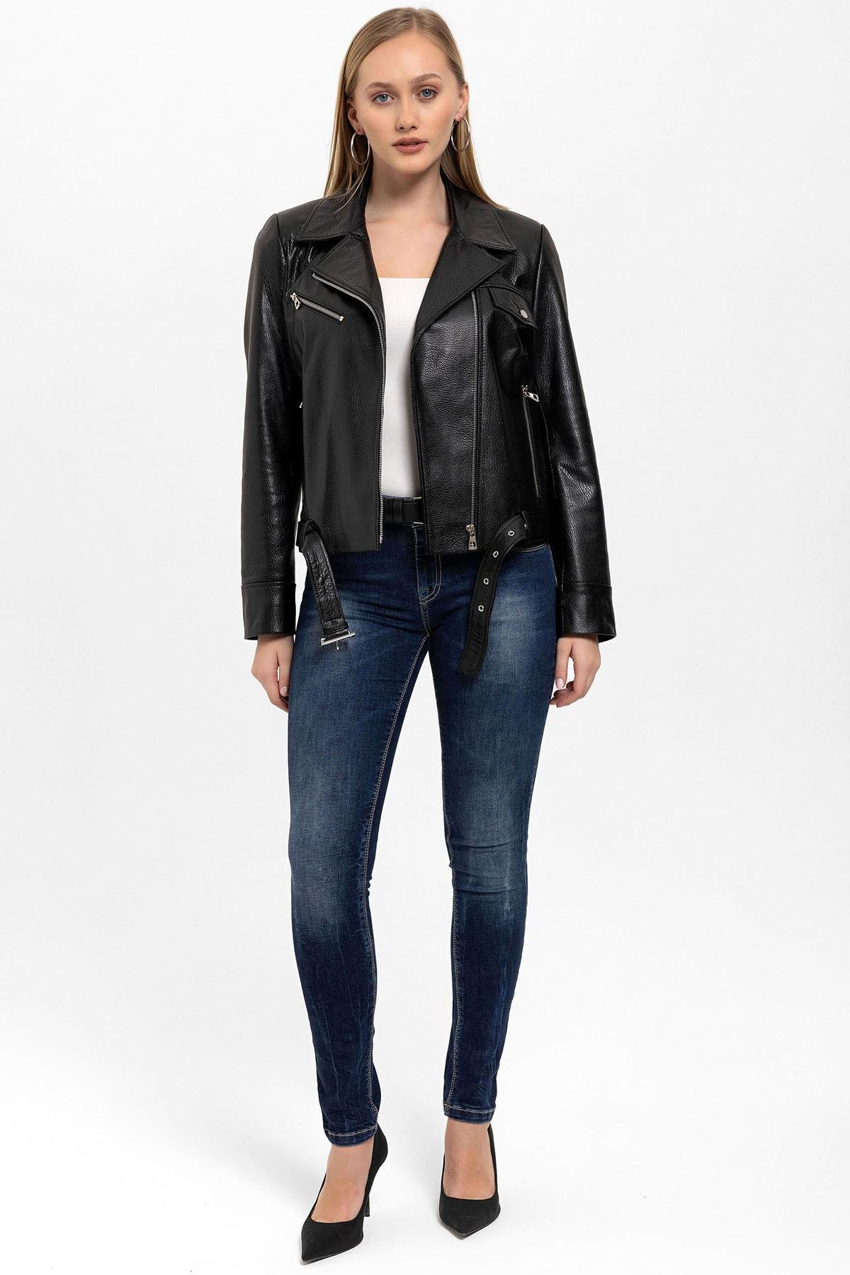 Kity Siyah Biker Motorcu Yandan Fermuarlı Kadın Hakiki Deri Mont