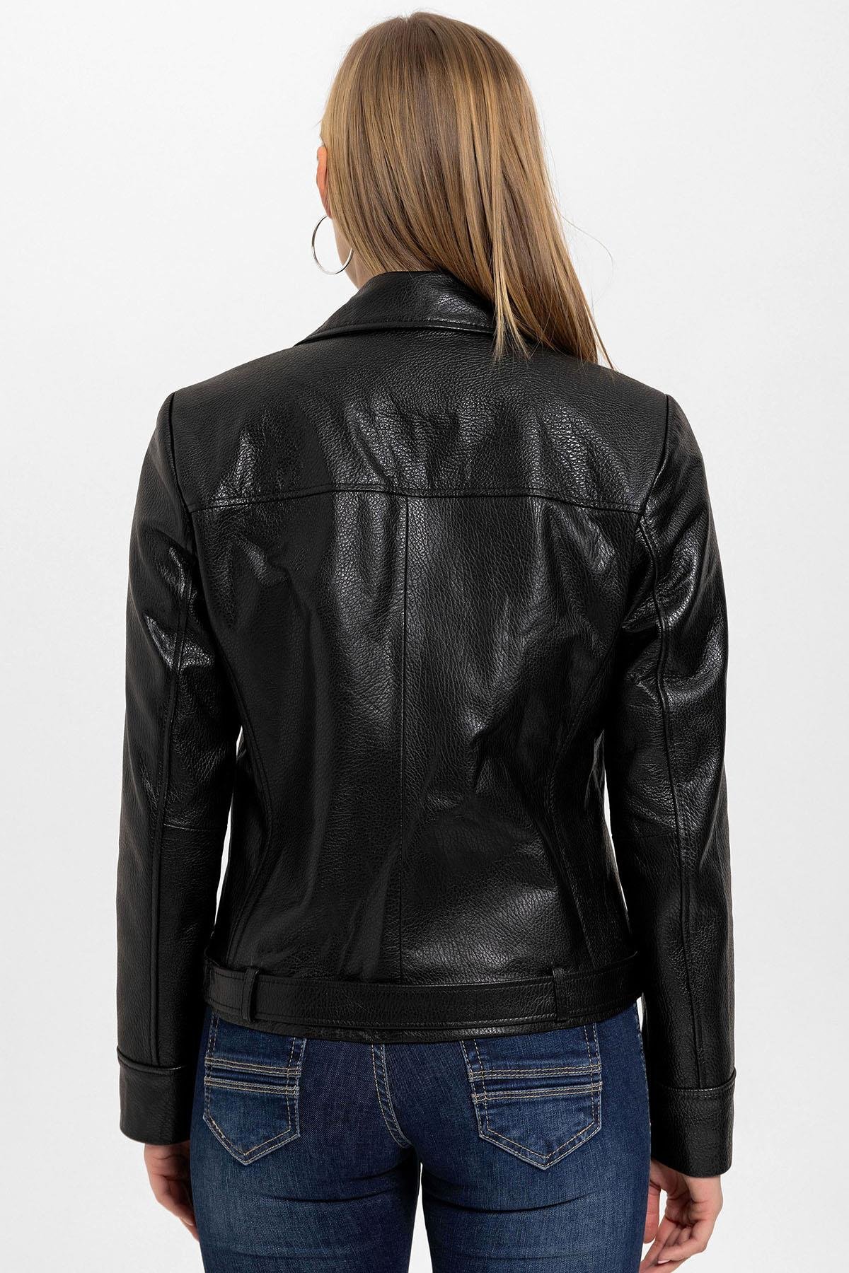 Kity Siyah Biker Motorcu Yandan Fermuarlı Kadın Hakiki Deri Mont