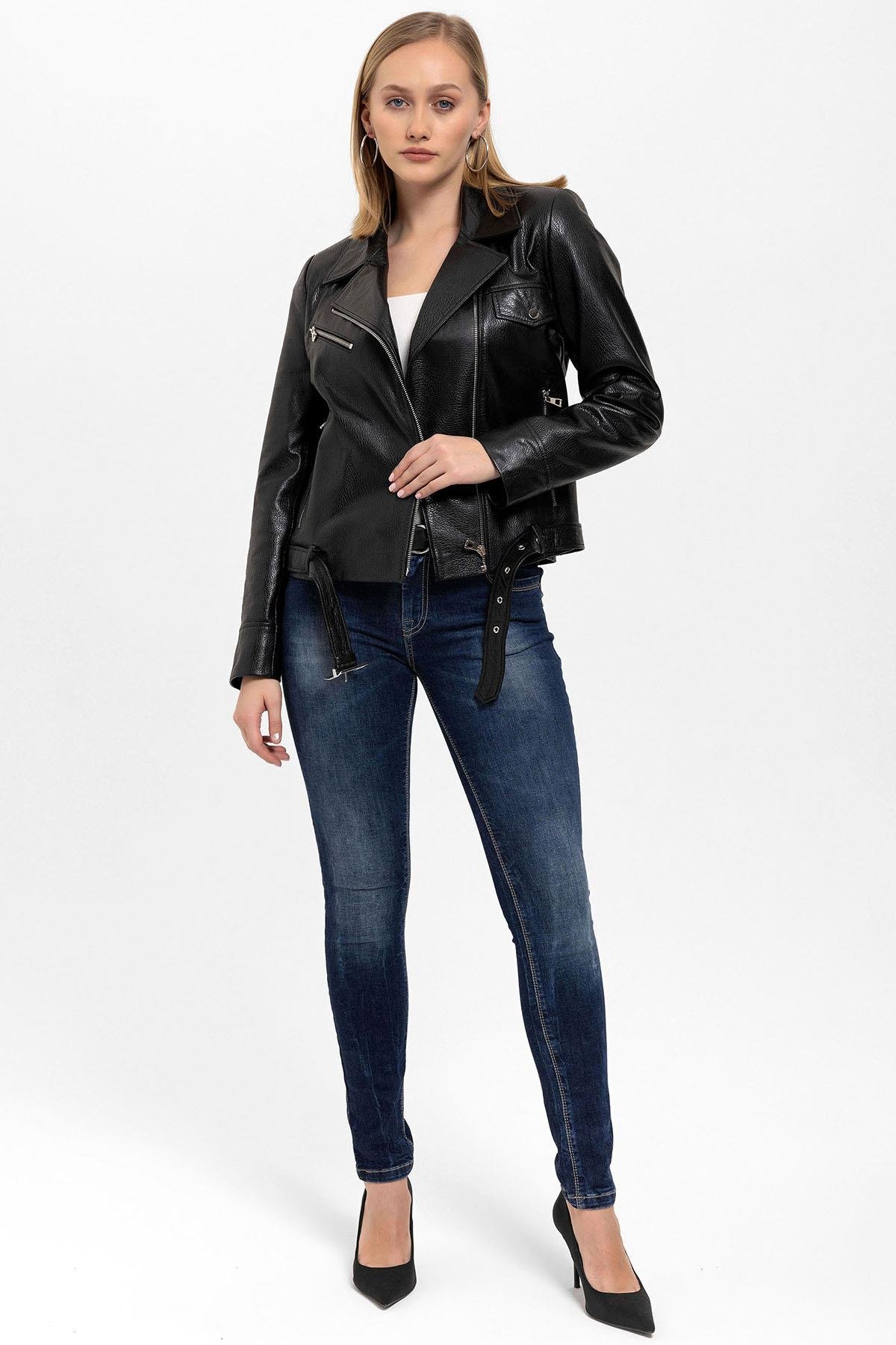 Kity Siyah Biker Motorcu Yandan Fermuarlı Kadın Hakiki Deri Mont