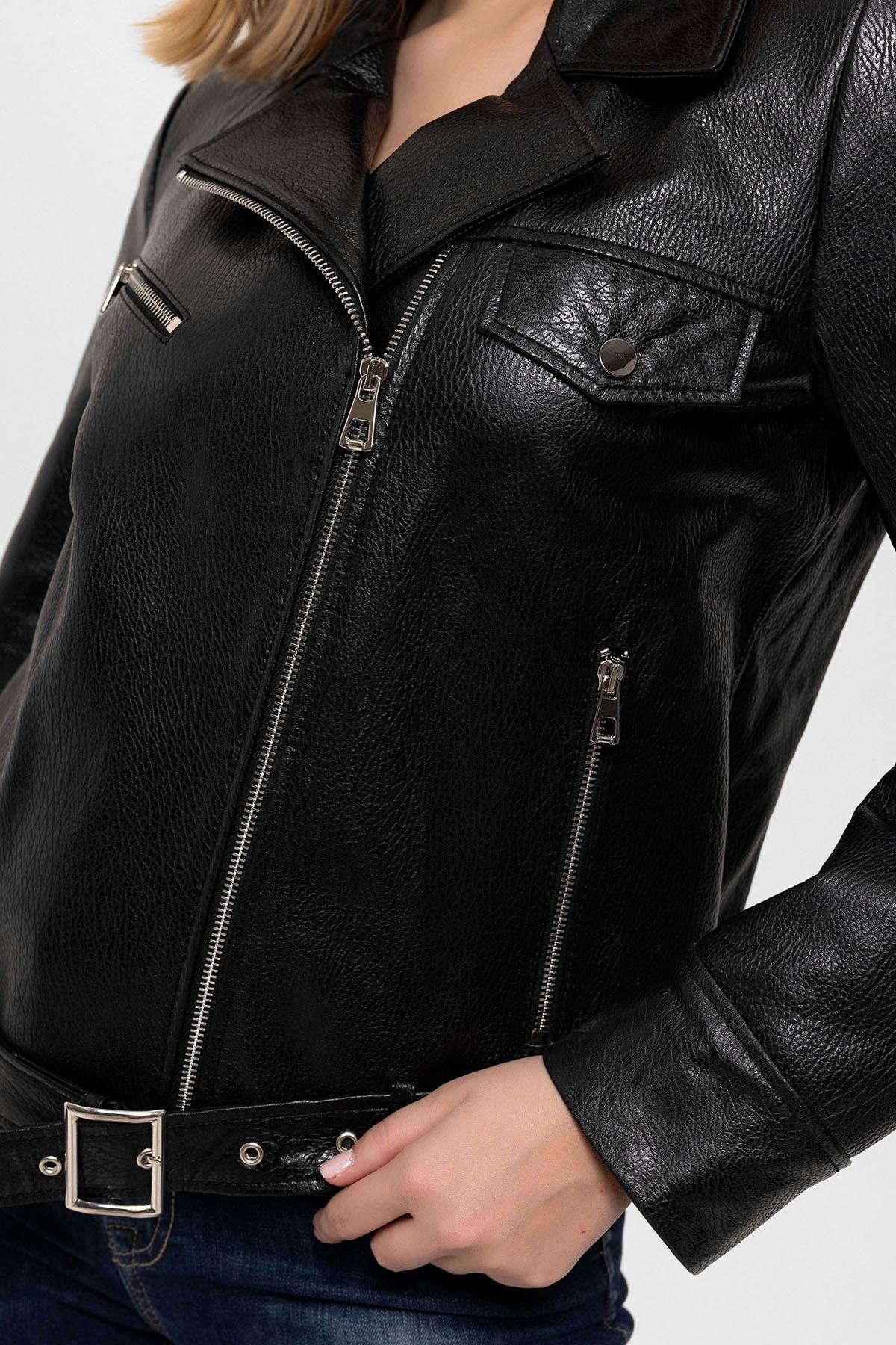 Kity Siyah Biker Motorcu Yandan Fermuarlı Kadın Hakiki Deri Mont