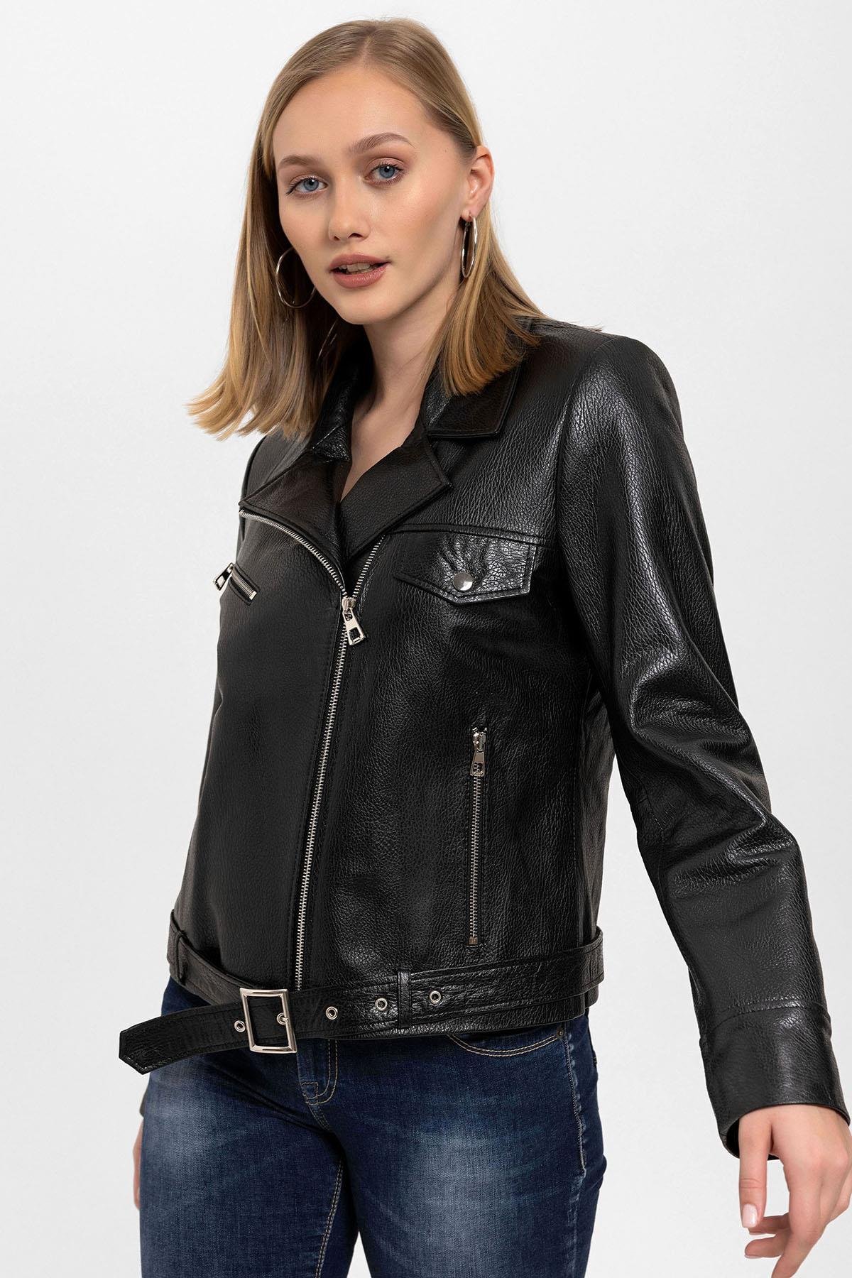Kity Siyah Biker Motorcu Yandan Fermuarlı Kadın Hakiki Deri Mont