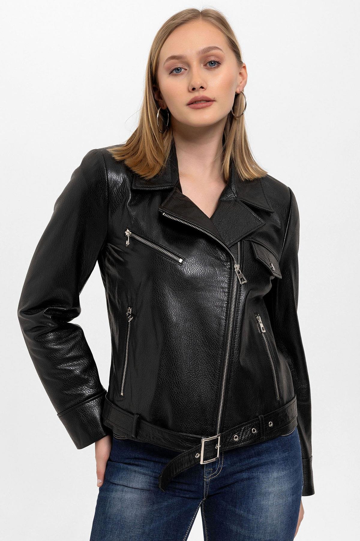 Kity Siyah Biker Motorcu Yandan Fermuarlı Kadın Hakiki Deri Mont