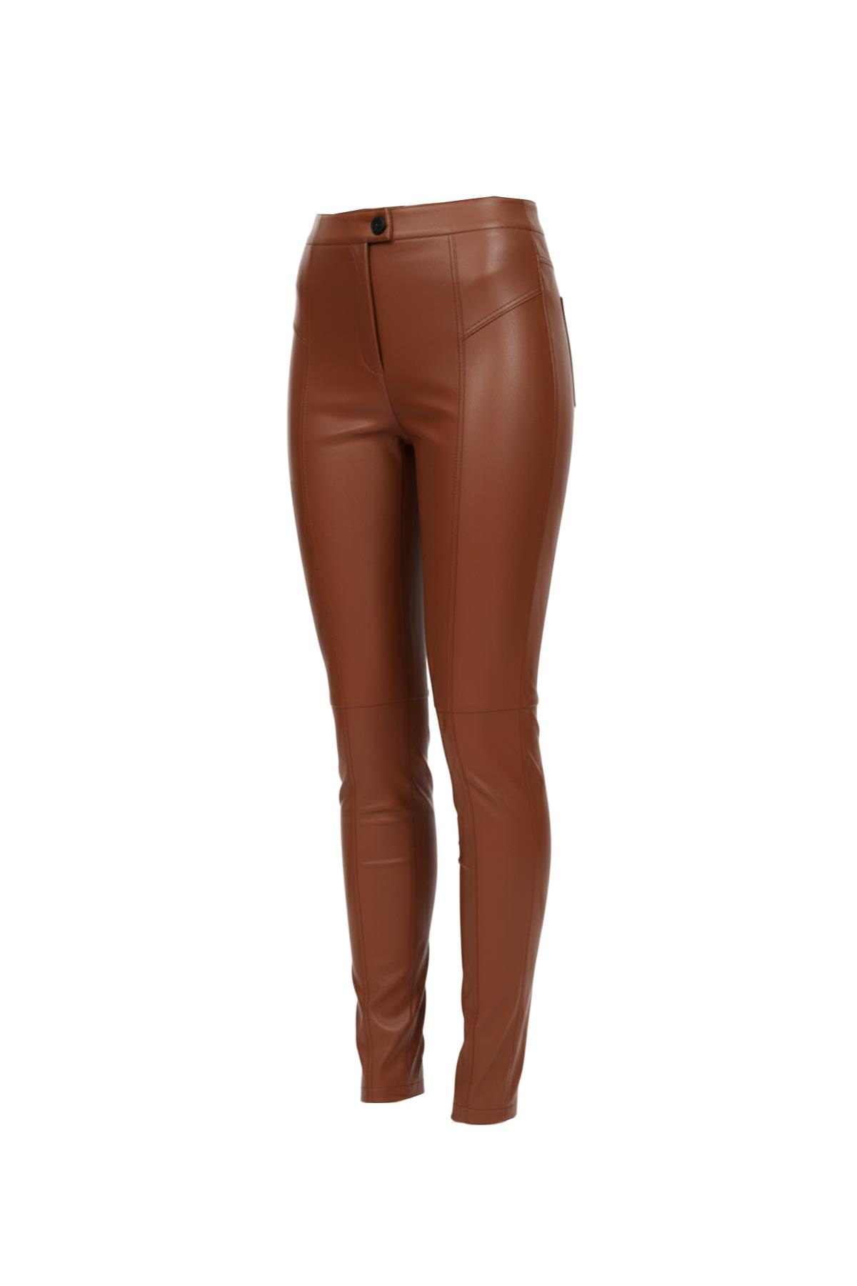 Konyak Kadın Tayt Astarsız Önden Fermuarlı Düğmeli Cepsiz Dar Paça Hakiki Streç Deri Pantolon