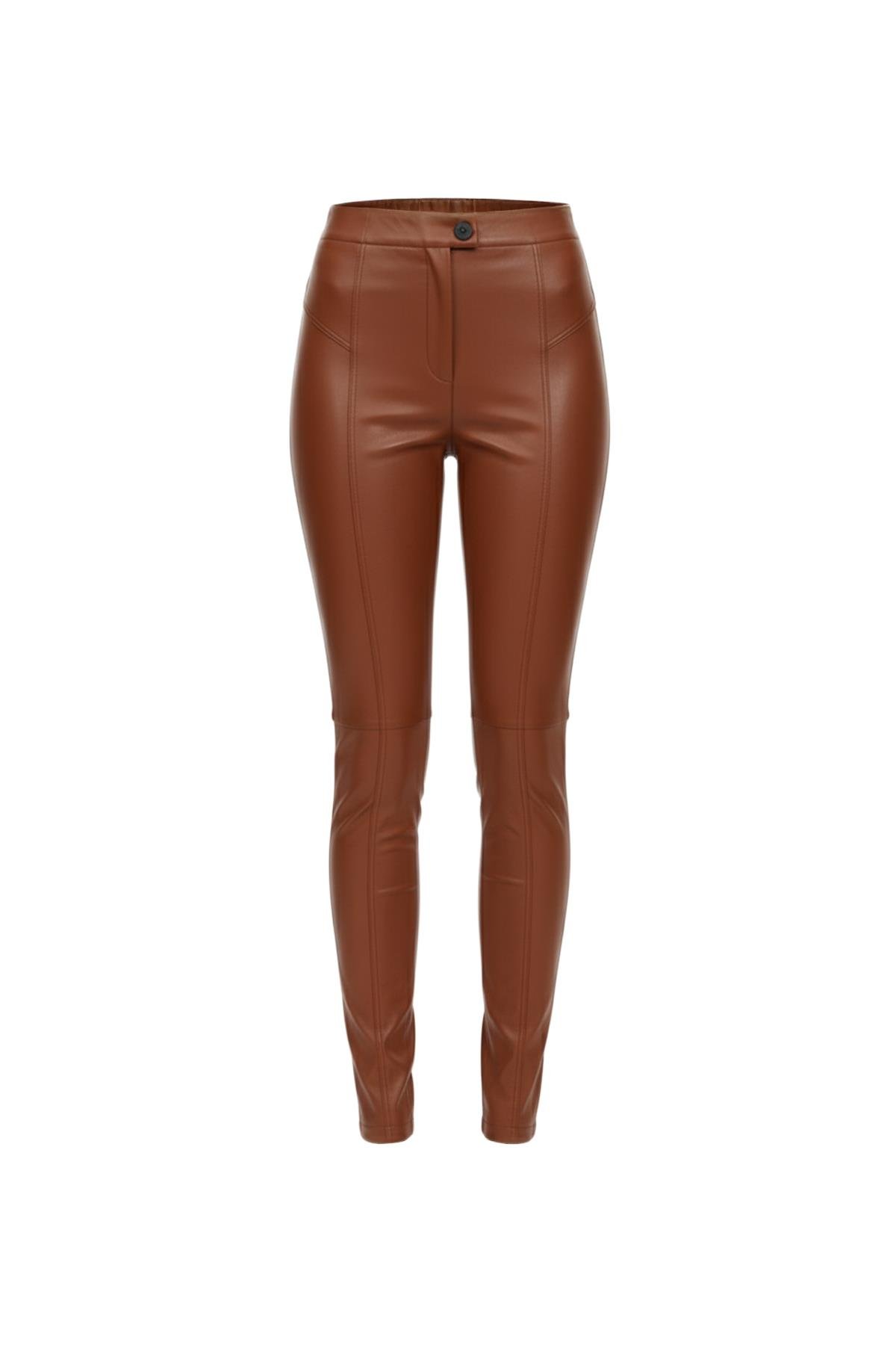 Konyak Kadın Tayt Astarsız Önden Fermuarlı Düğmeli Cepsiz Dar Paça Hakiki Streç Deri Pantolon