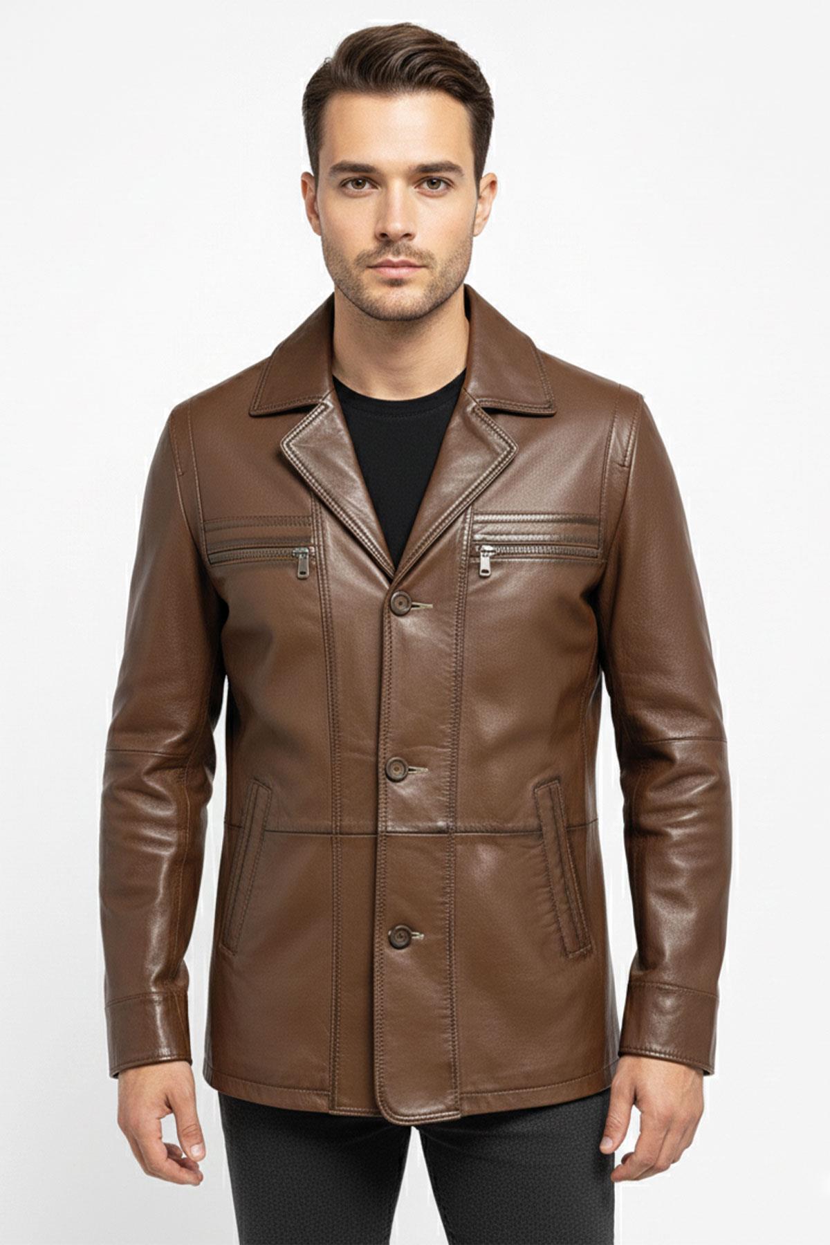 Konyak Wiliam Düğme Kapamalı Göğüste Fermuarlı Cep Detaylı Astarlı Erkek Hakiki Deri Ceket