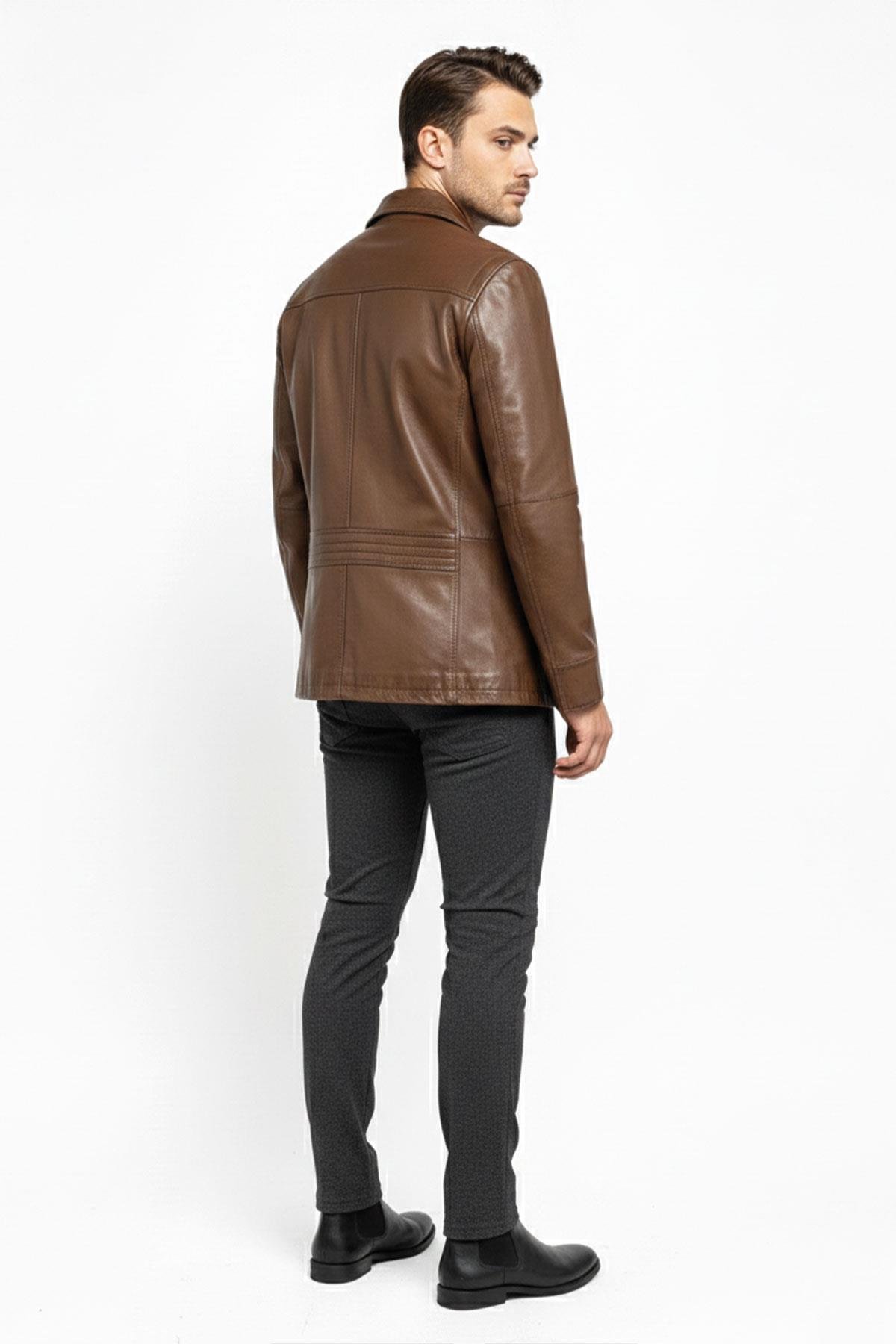 Konyak Wiliam Düğme Kapamalı Göğüste Fermuarlı Cep Detaylı Astarlı Erkek Hakiki Deri Ceket