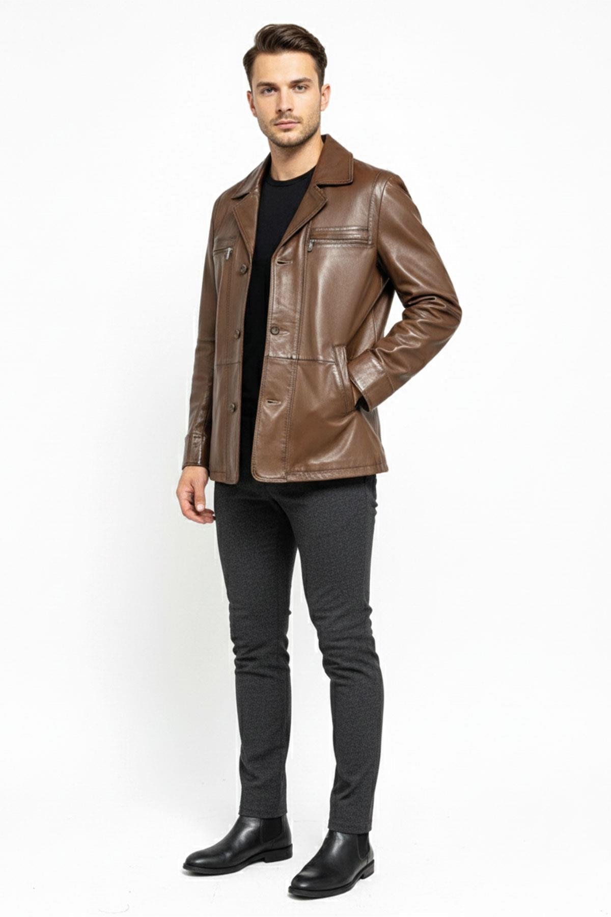 Konyak Wiliam Düğme Kapamalı Göğüste Fermuarlı Cep Detaylı Astarlı Erkek Hakiki Deri Ceket