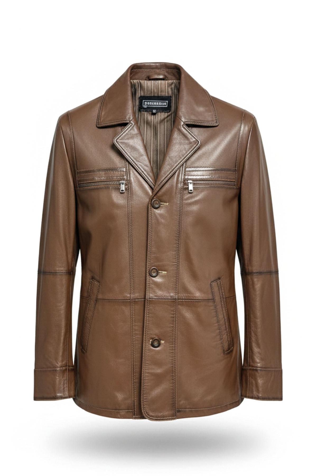 Konyak Wiliam Düğme Kapamalı Göğüste Fermuarlı Cep Detaylı Astarlı Erkek Hakiki Deri Ceket