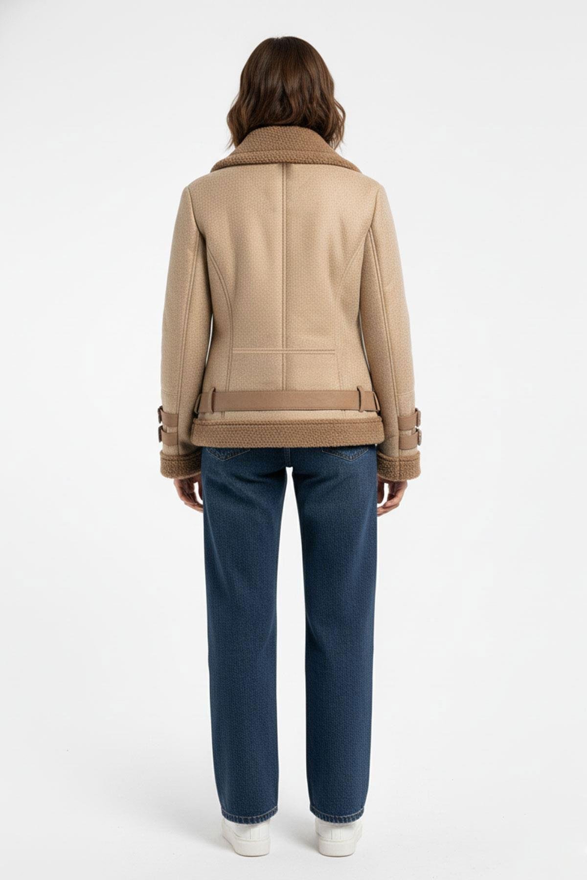 Kopen Hakiki Kuzu Kürkü Fermuarlı Biker Kadın Kaban