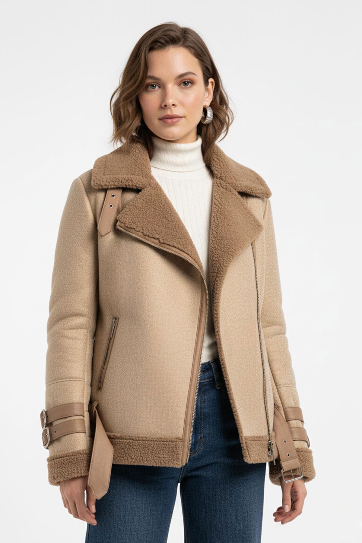 Kopen Hakiki Kuzu Kürkü Fermuarlı Biker Kadın Kaban