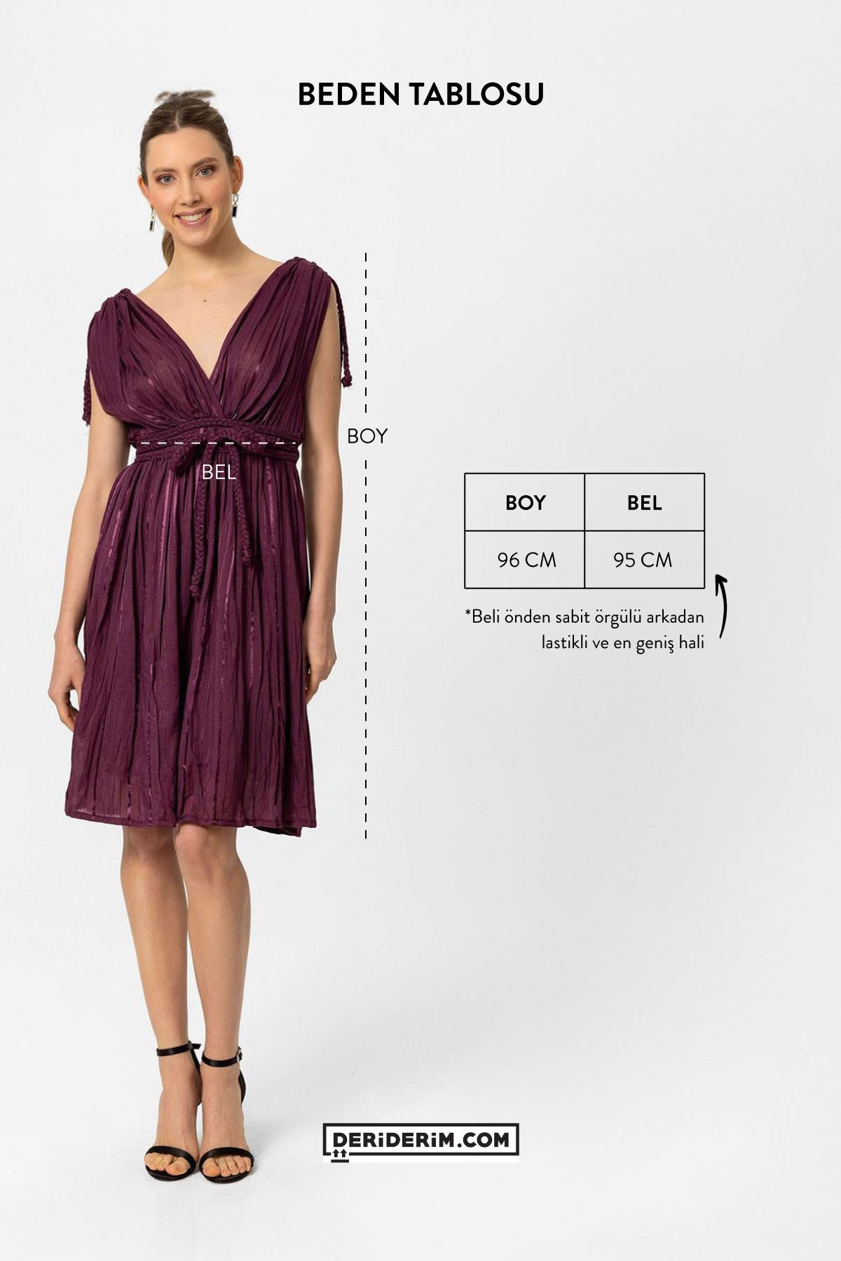 Koyu Mavi Helen Saç Örgüsü Detaylı Askılı Bel Lastikli  Astarlı Dekolteli Abiye Kısa Gece Elbisesi