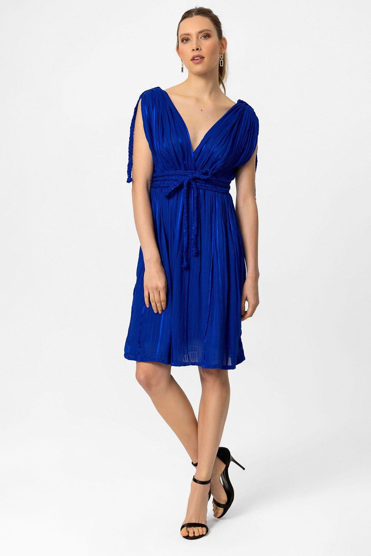 Koyu Mavi Şile Bezi Askılı Kısa Helen Yazlık Astarsız Plaj Pamuklu Elbise