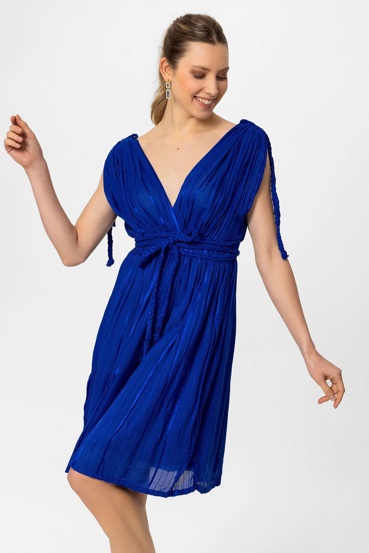 Koyu Mavi Şile Bezi Askılı Kısa Helen Yazlık Astarsız Plaj Pamuklu Elbise