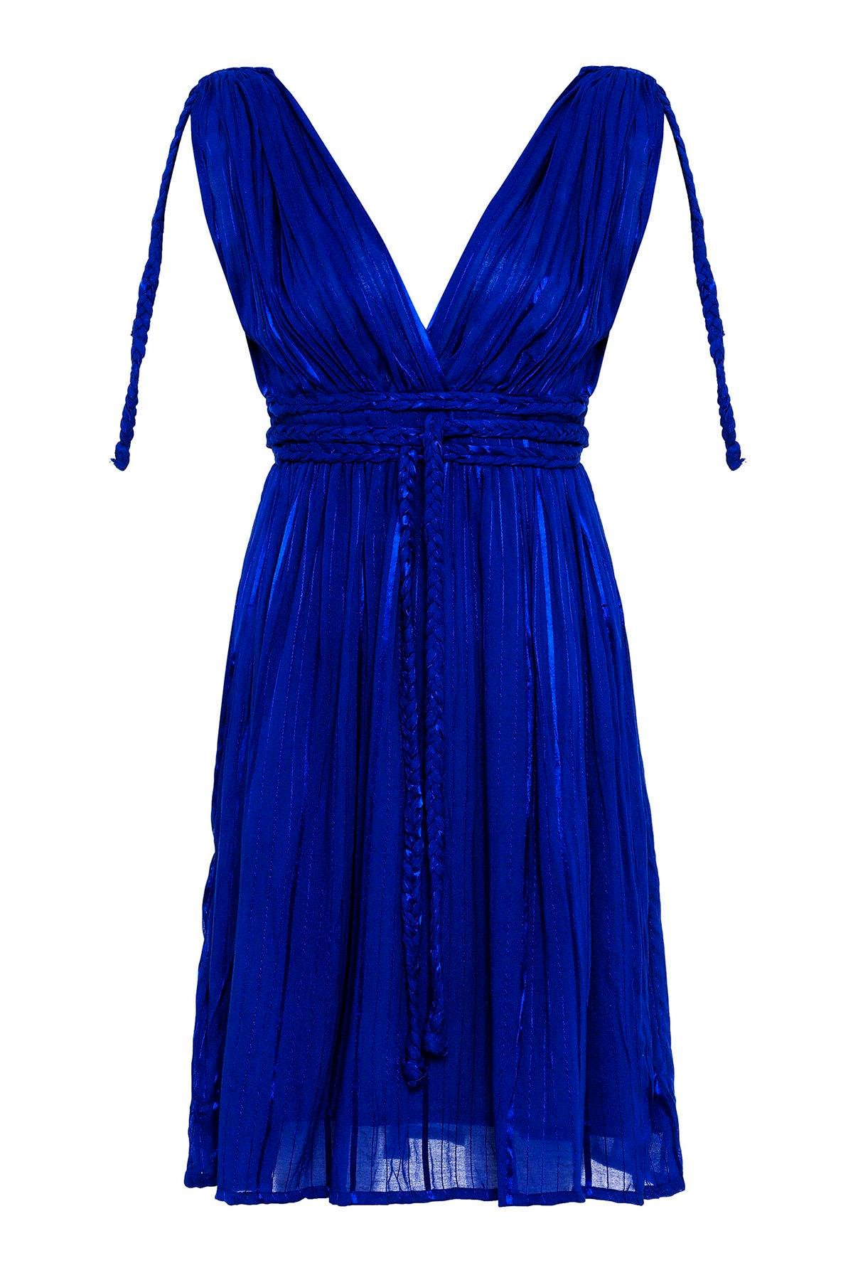 Koyu Mavi Şile Bezi Askılı Kısa Helen Yazlık Astarsız Plaj Pamuklu Elbise