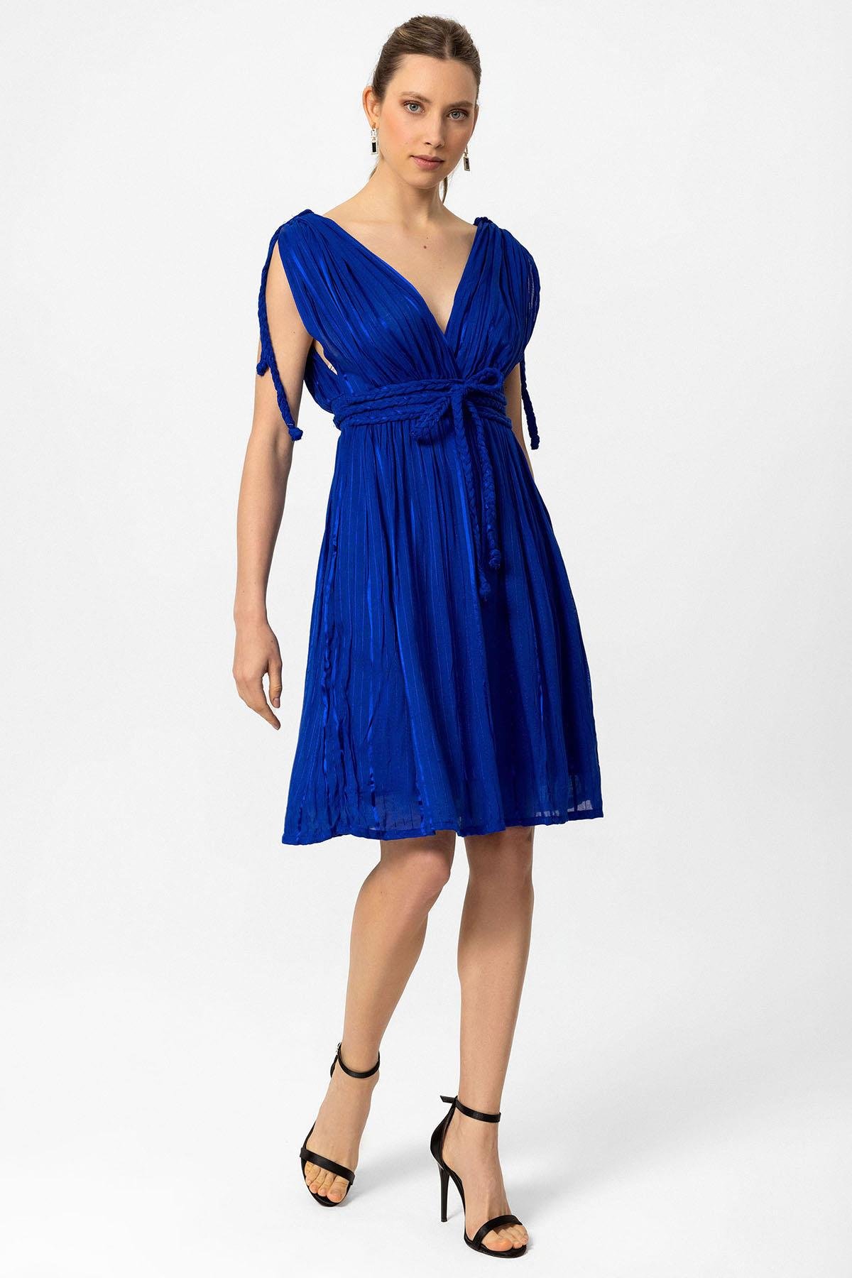 Koyu Mavi Şile Bezi Askılı Kısa Helen Yazlık Astarsız Plaj Pamuklu Elbise