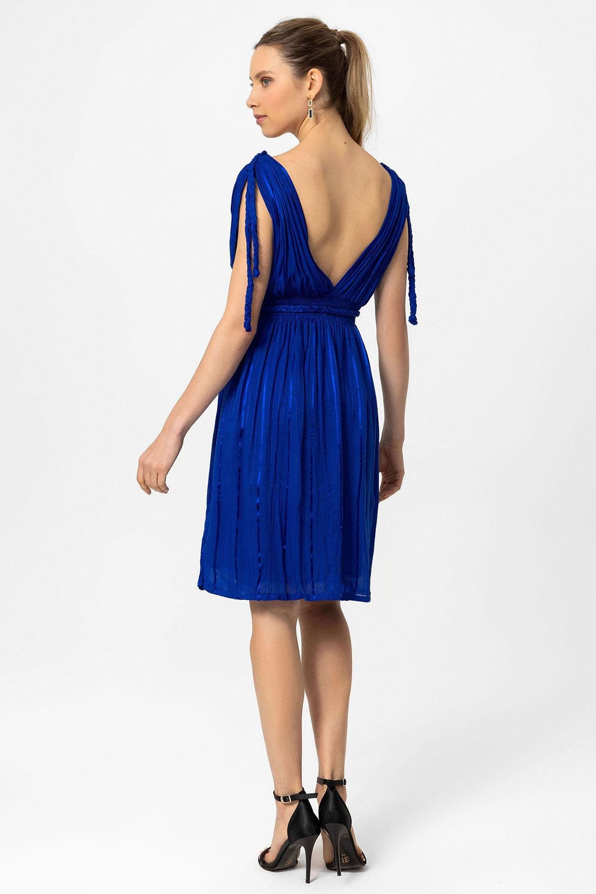 Koyu Mavi Şile Bezi Askılı Kısa Helen Yazlık Astarsız Plaj Pamuklu Elbise