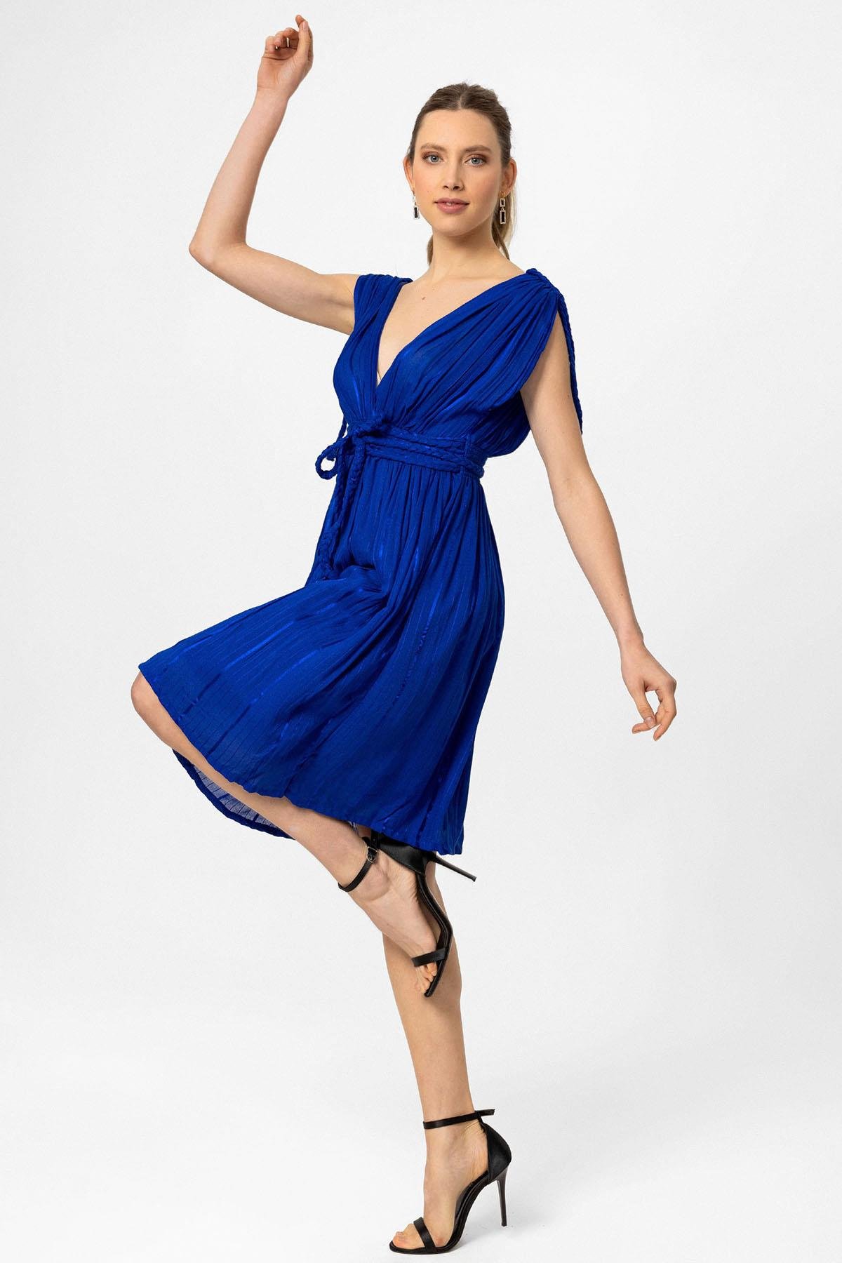 Koyu Mavi Şile Bezi Askılı Kısa Helen Yazlık Astarsız Plaj Pamuklu Elbise