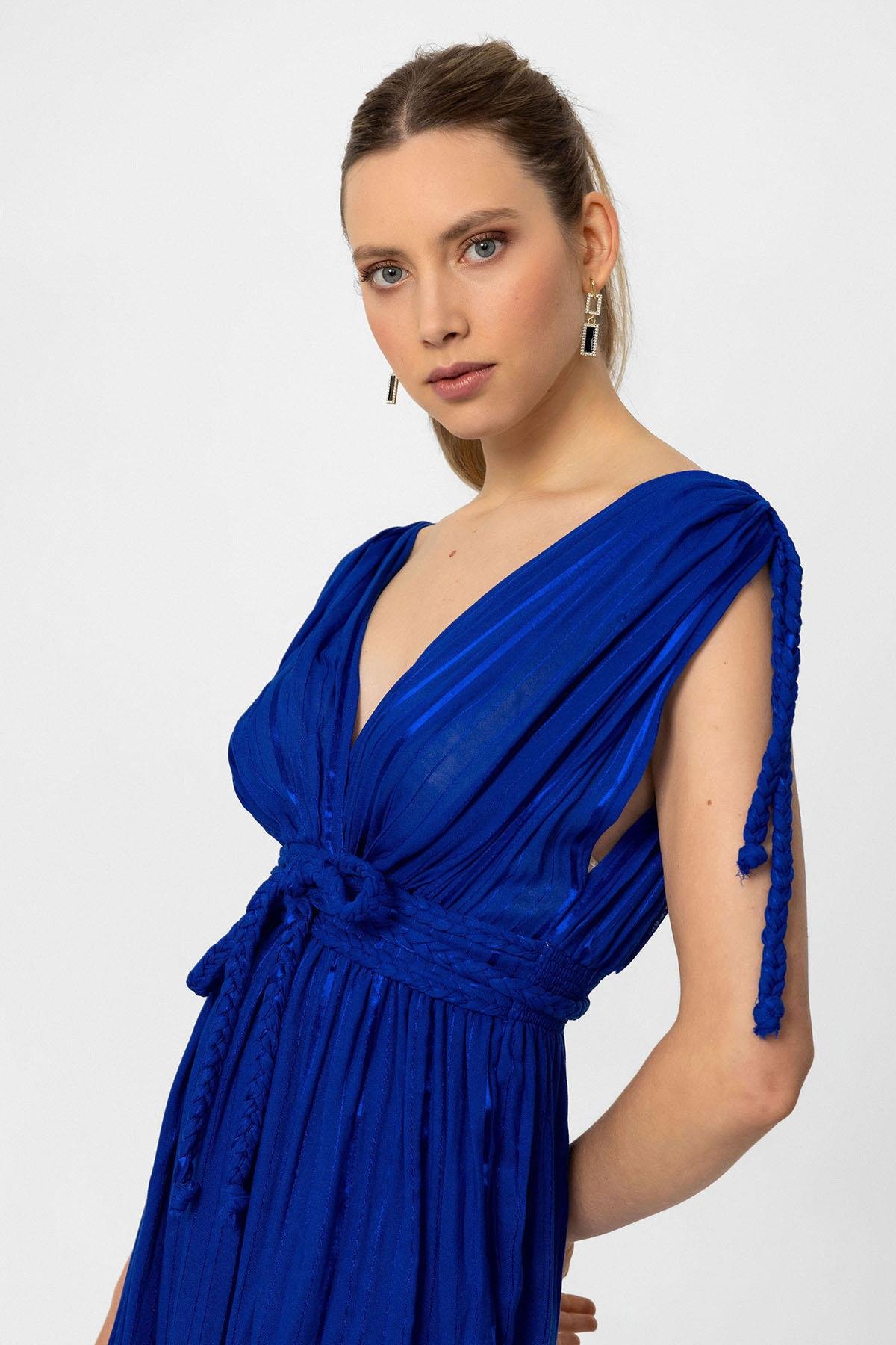 Koyu Mavi Şile Bezi Askılı Uzun Helen Yazlık Astarsız Plaj Pamuklu Elbise