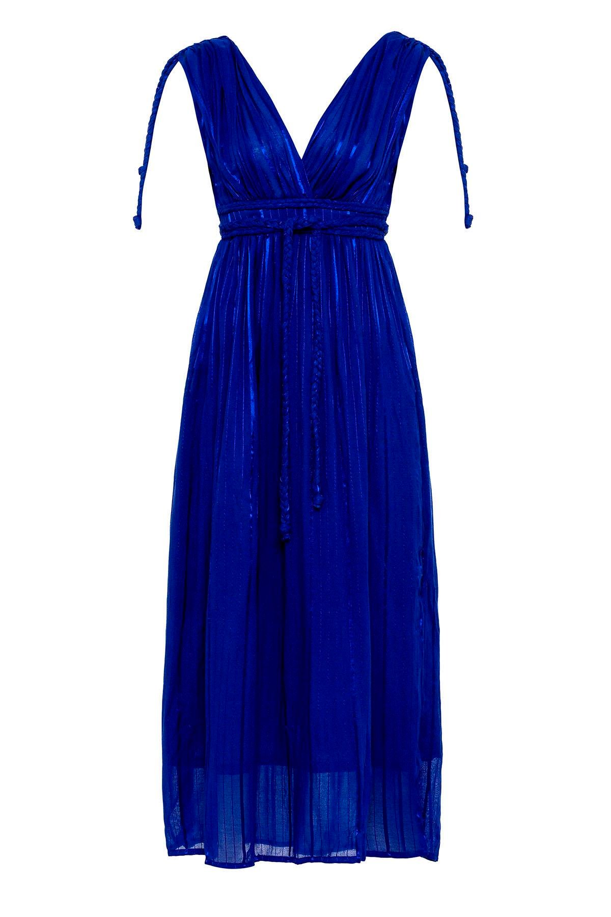 Koyu Mavi Şile Bezi Askılı Uzun Helen Yazlık Astarsız Plaj Pamuklu Elbise