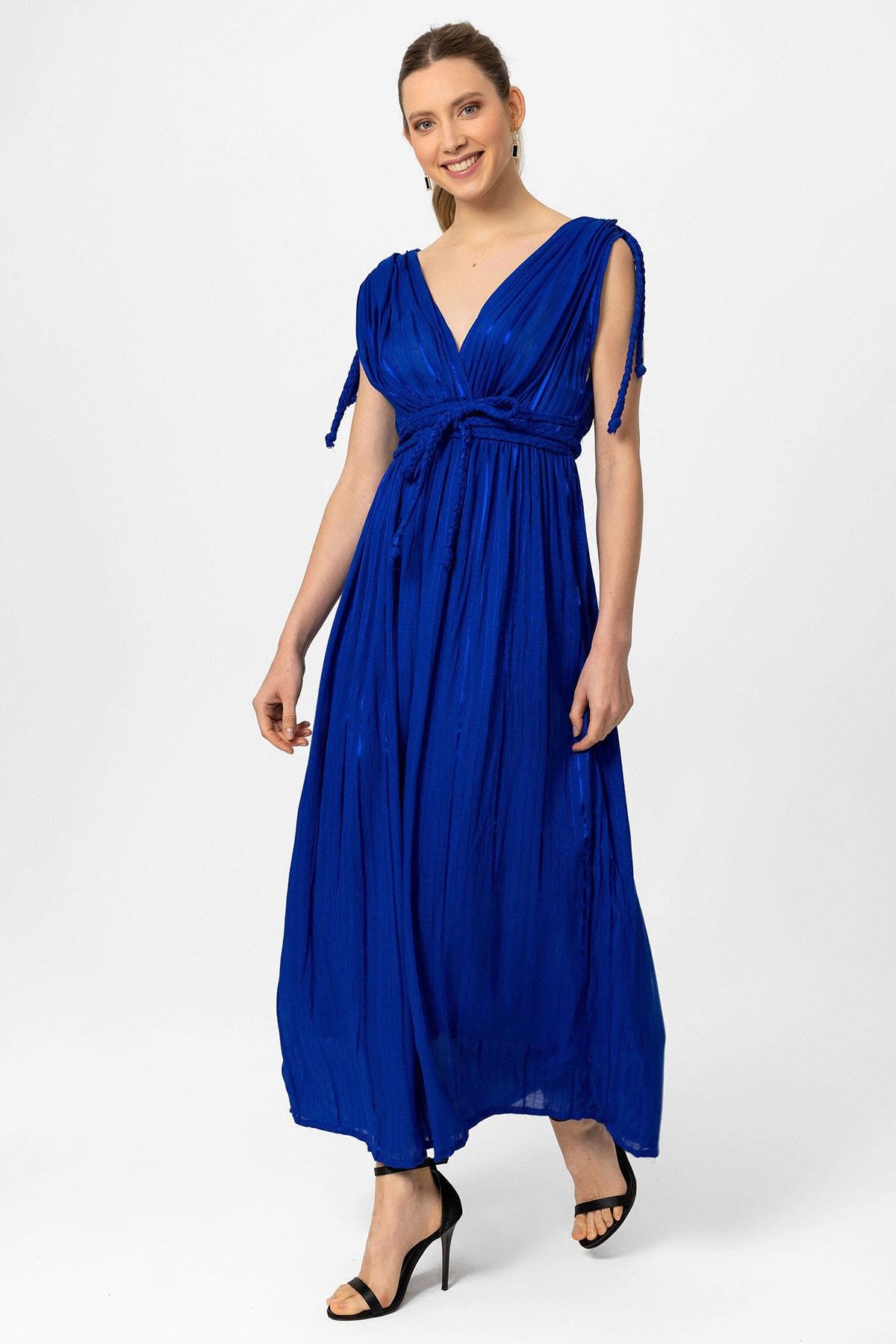 Koyu Mavi Şile Bezi Askılı Uzun Helen Yazlık Astarsız Plaj Pamuklu Elbise